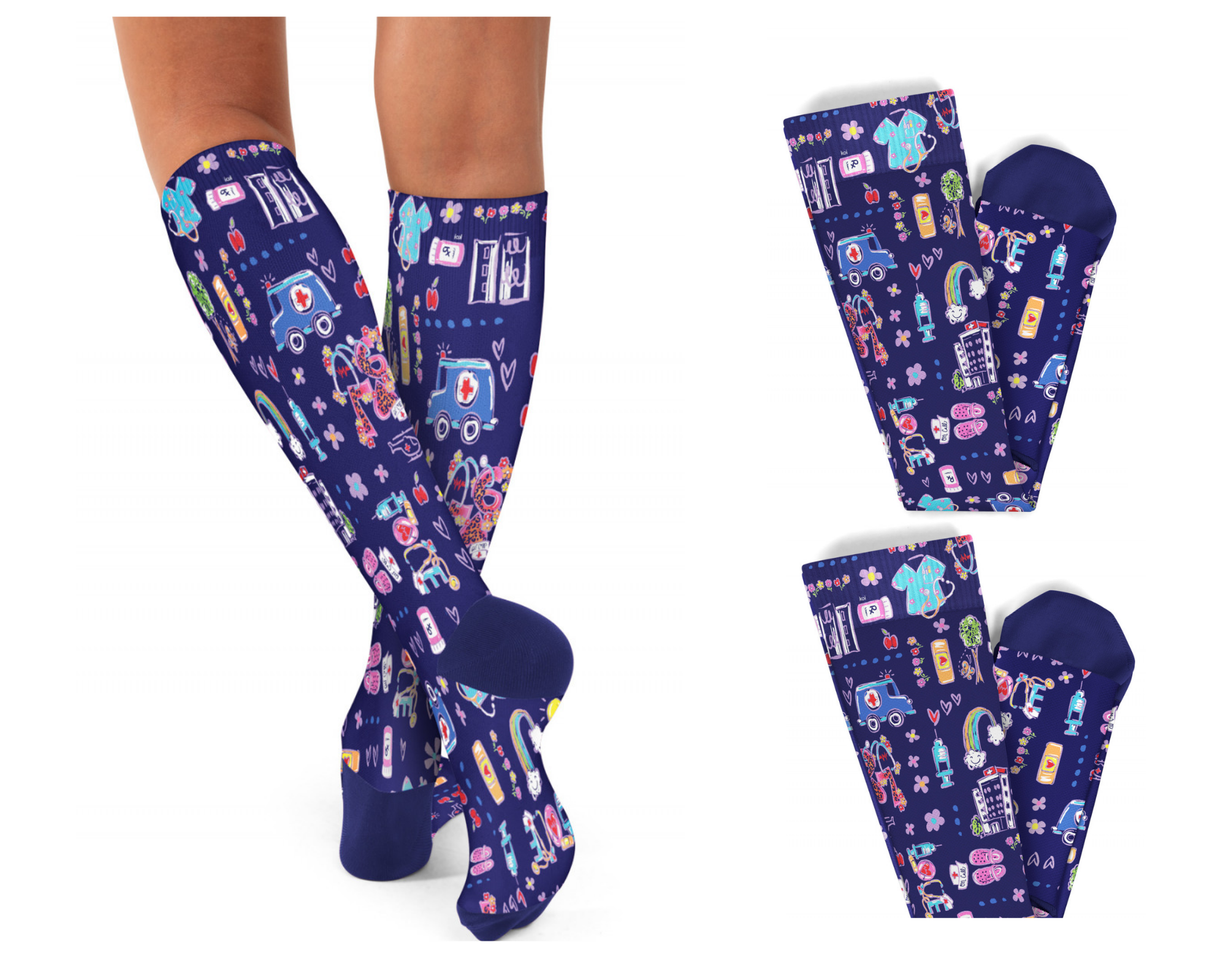 Compression Socks 1-pr : Get your kicks with these super cute compression socks from koi. Designed to help improve blood circulation and reduce muscle fatigue
Constructed with Meryl Skinlife, an antimicrobial yarn that reduces unpleasant odors: Two sizes: S/M, M/L 41% COOLPLUS 31% Nylon 7% Cotton 16% Polyester 5% LYCRA