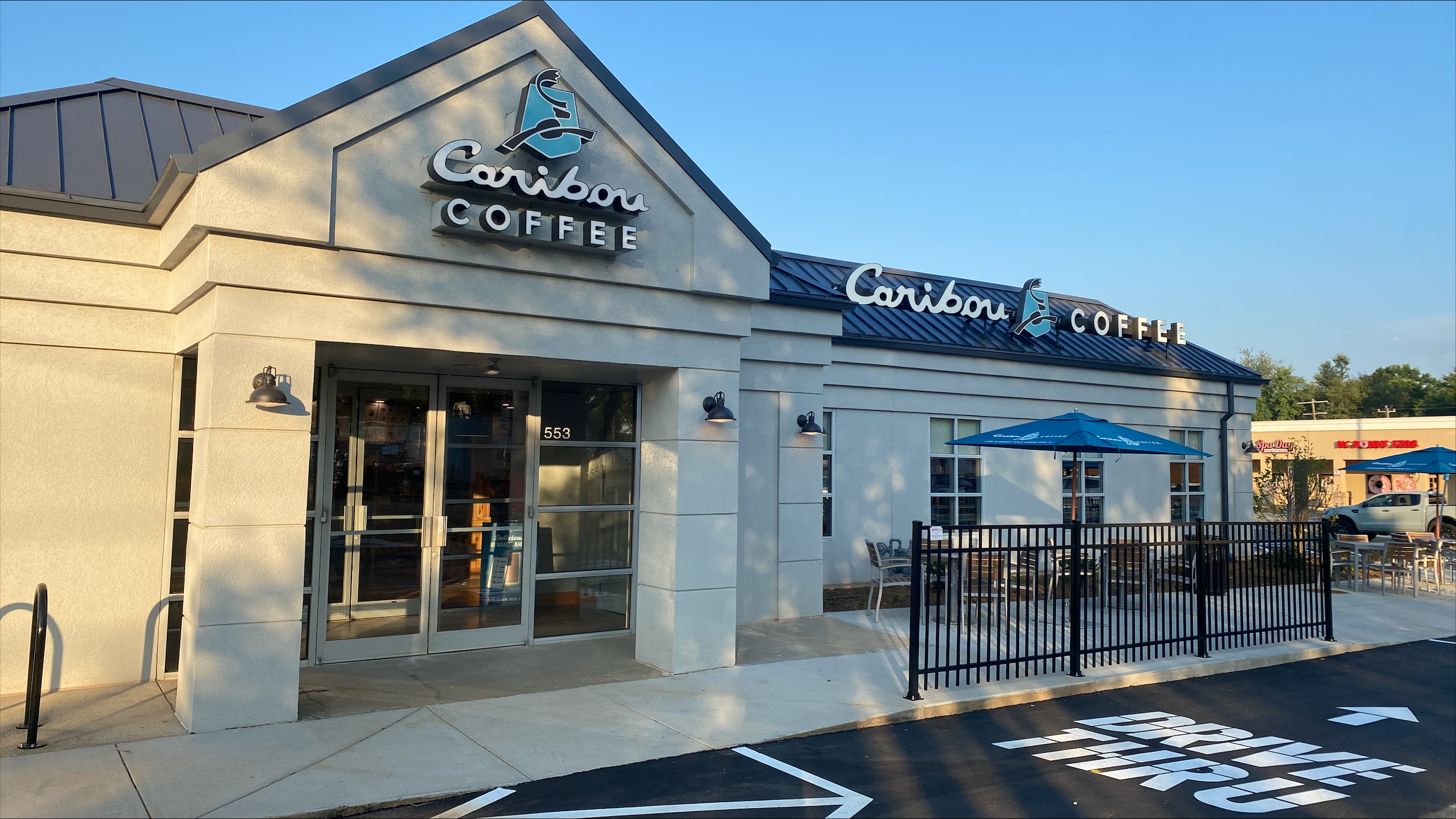 Storefront of the Caribou Coffee at 553 E Plaza Dr in Mooresville