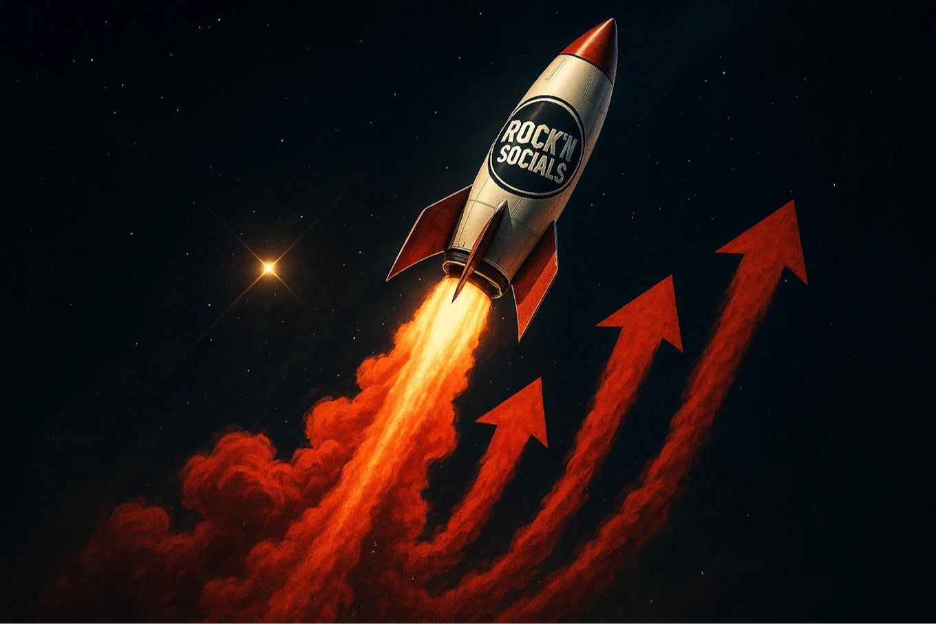 Illustration of a rocket launching into the sky with the RockN’ Socials logo on the rocket. Red upward arrows trail behind it, symbolizing rapid business growth, marketing momentum, and brand acceleration.