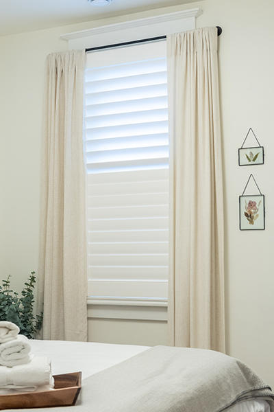 SHUTTERS WITH DRAPERY PANELS Budget Blinds of Port Perry Blackstock (905)213-2583
