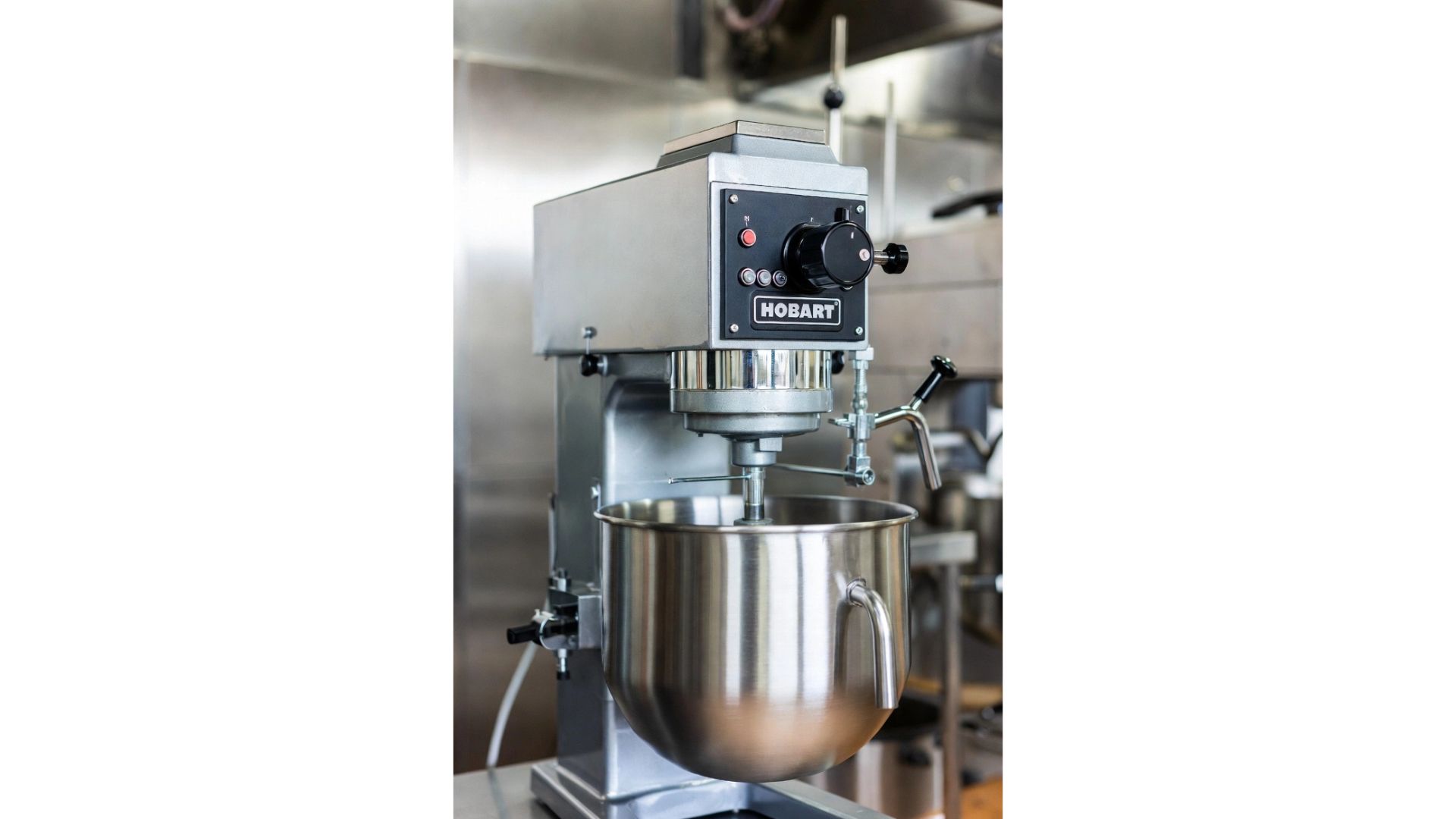 Close-up of a heavy-duty Hobart industrial mixer showing the control panel, a specialty of ARE&rsquo;s refurbishment and repair services.