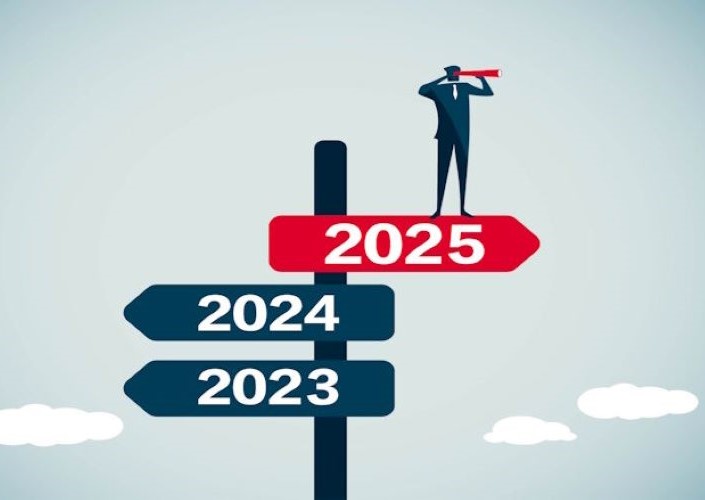Graphic of a person with a telescope standing on a forward-pointing street sign that reads "2025".
