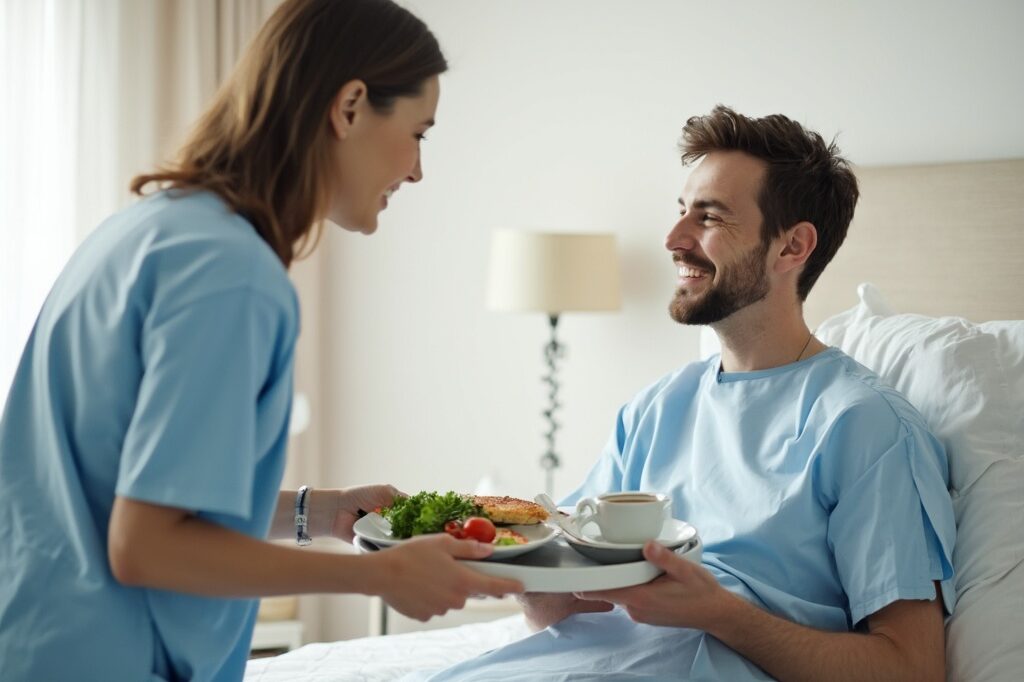 A smiling nurse in a blue uniform presents a meal and a cup of coffee to a smiling patient in a light blue hospital gown, who is sitting up in a hospital bed.