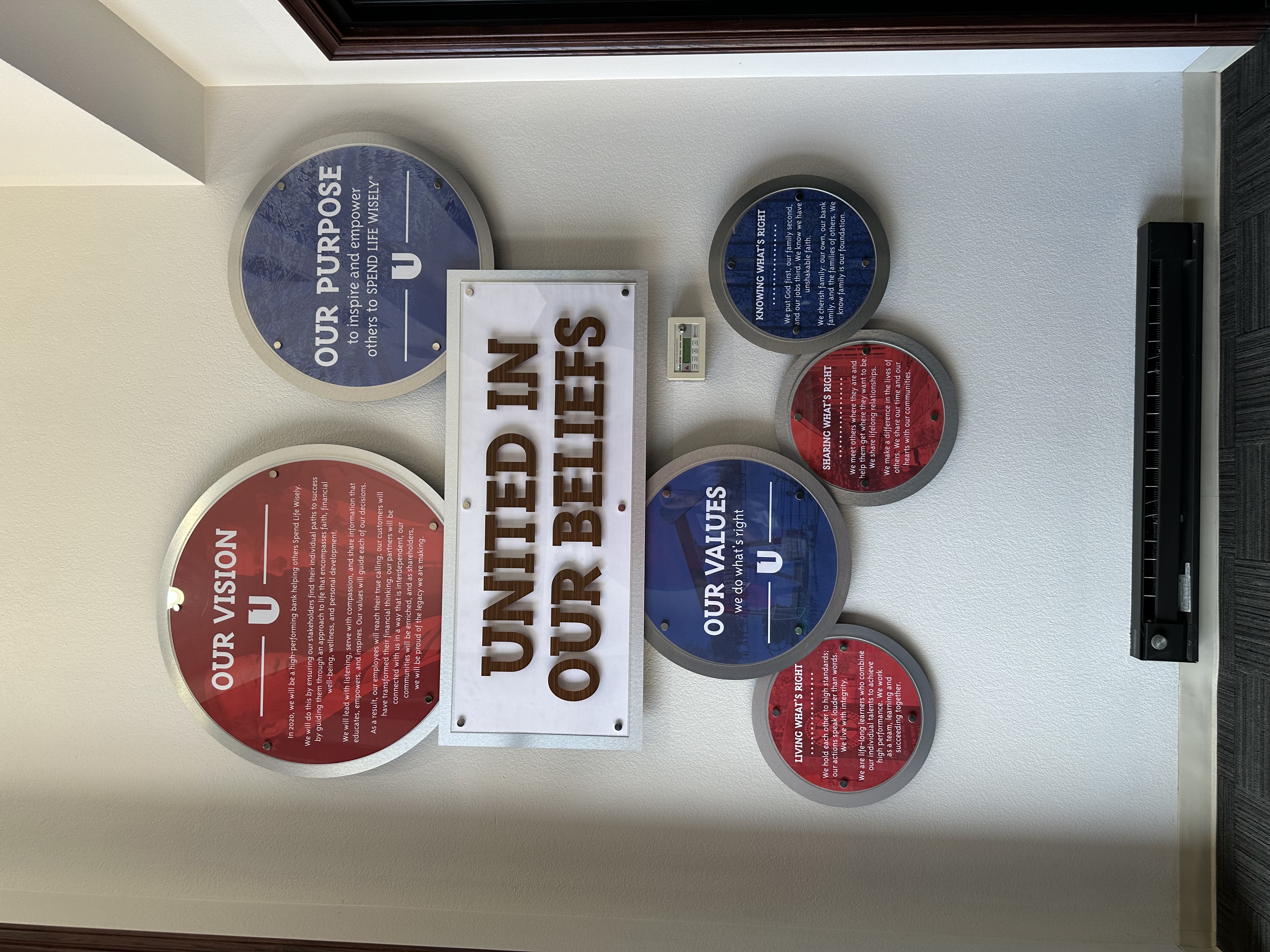 First United Bank - Pauls Valley - interior "United in Our Beliefs" sign