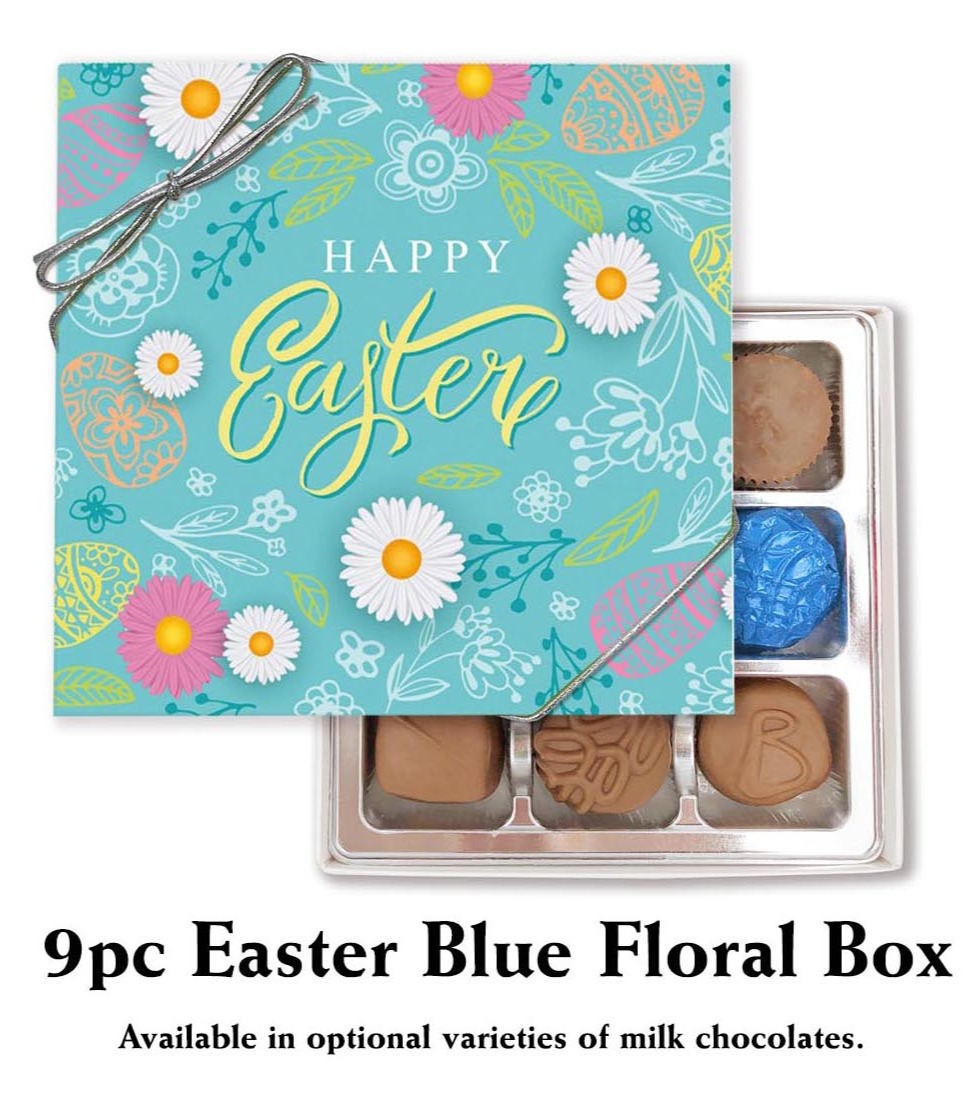 Share Easter joy with this delightful 9-piece milk chocolate assortment from Florence's Exquisite Chocolates in Rexburg, ID! Perfect for gifting, this captivating selection comes in your choice of "Easter Blue Floral" design.