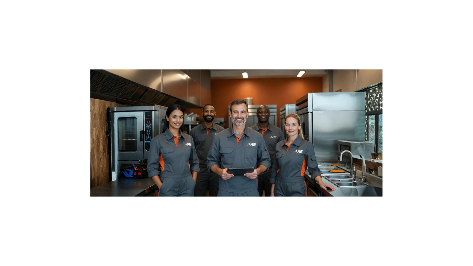 Group of professional commercial kitchen technicians from Alex's Restaurant Equipment (ARE) standing in a modern kitchen in Anaheim, CA.