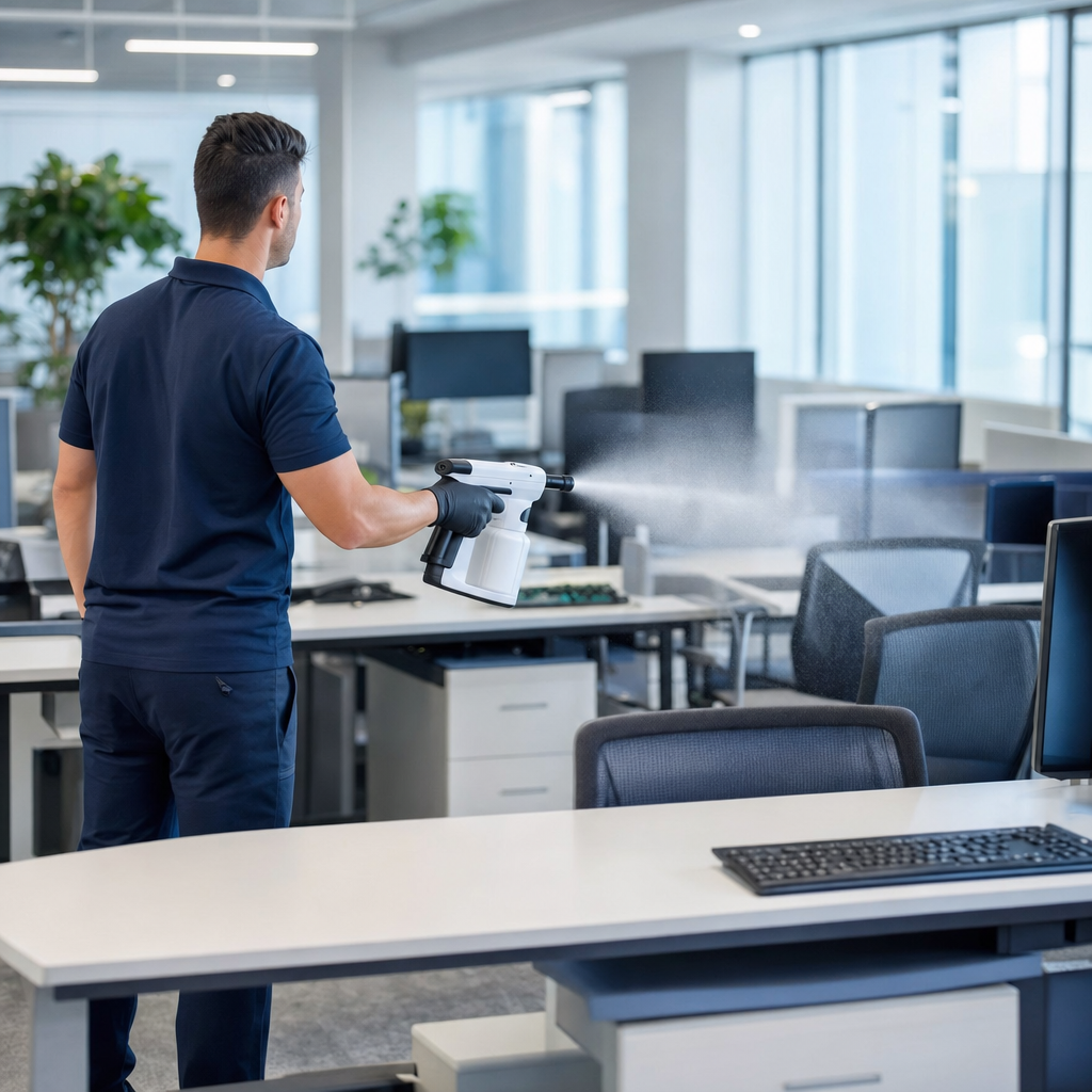 Electrostatic disinfection of desks and high-touch surfaces to reduce germs in shared office workspa 