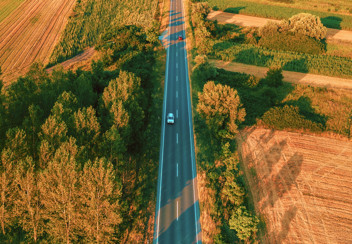 An aerial shot of a straight road through farmland.