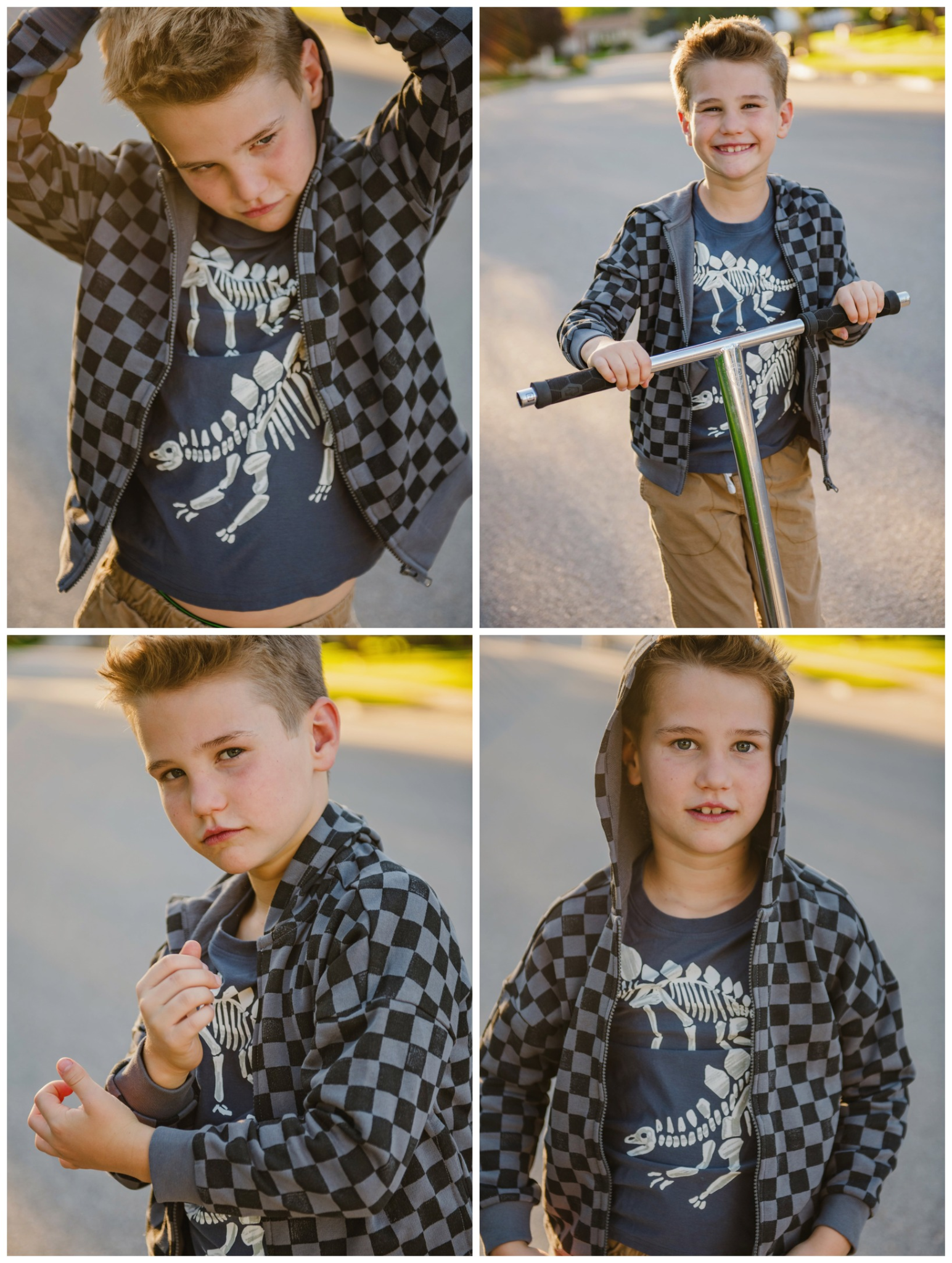 New boys’ styles at Over the Moon: a comfy checkered hoodie and dinosaur tee, ready for everyday adventures. Shop in store or online.
