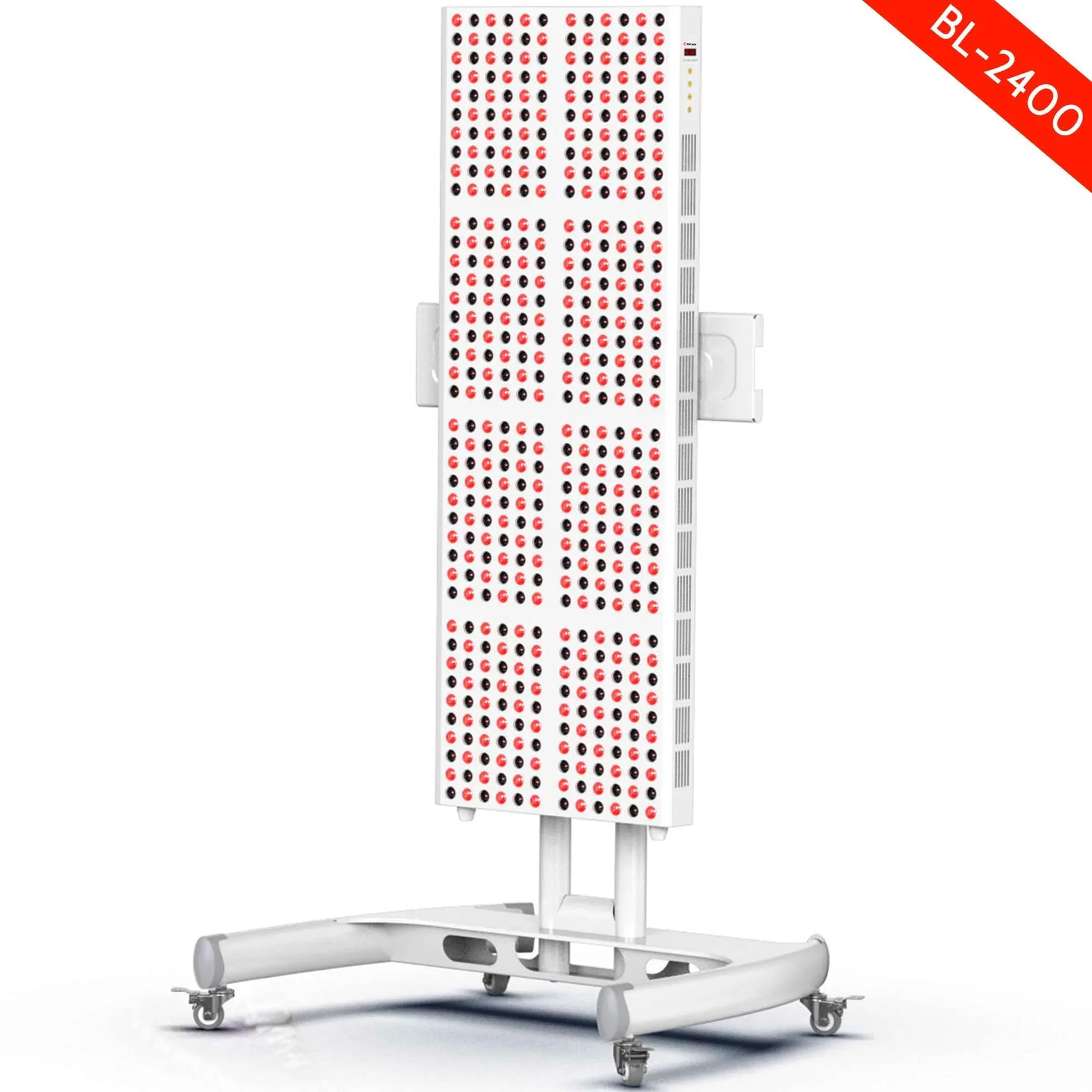 A white, rectangular red light therapy panel is mounted on a wheeled stand. The panel features a grid of circular lights, alternating between red and black, arranged in columns and rows. A small digital display with indicator lights is visible on the side of the panel. The stand is white with a wide, flat base and four wheels. A red banner in the upper right corner reads "BL-2400". The background is white.