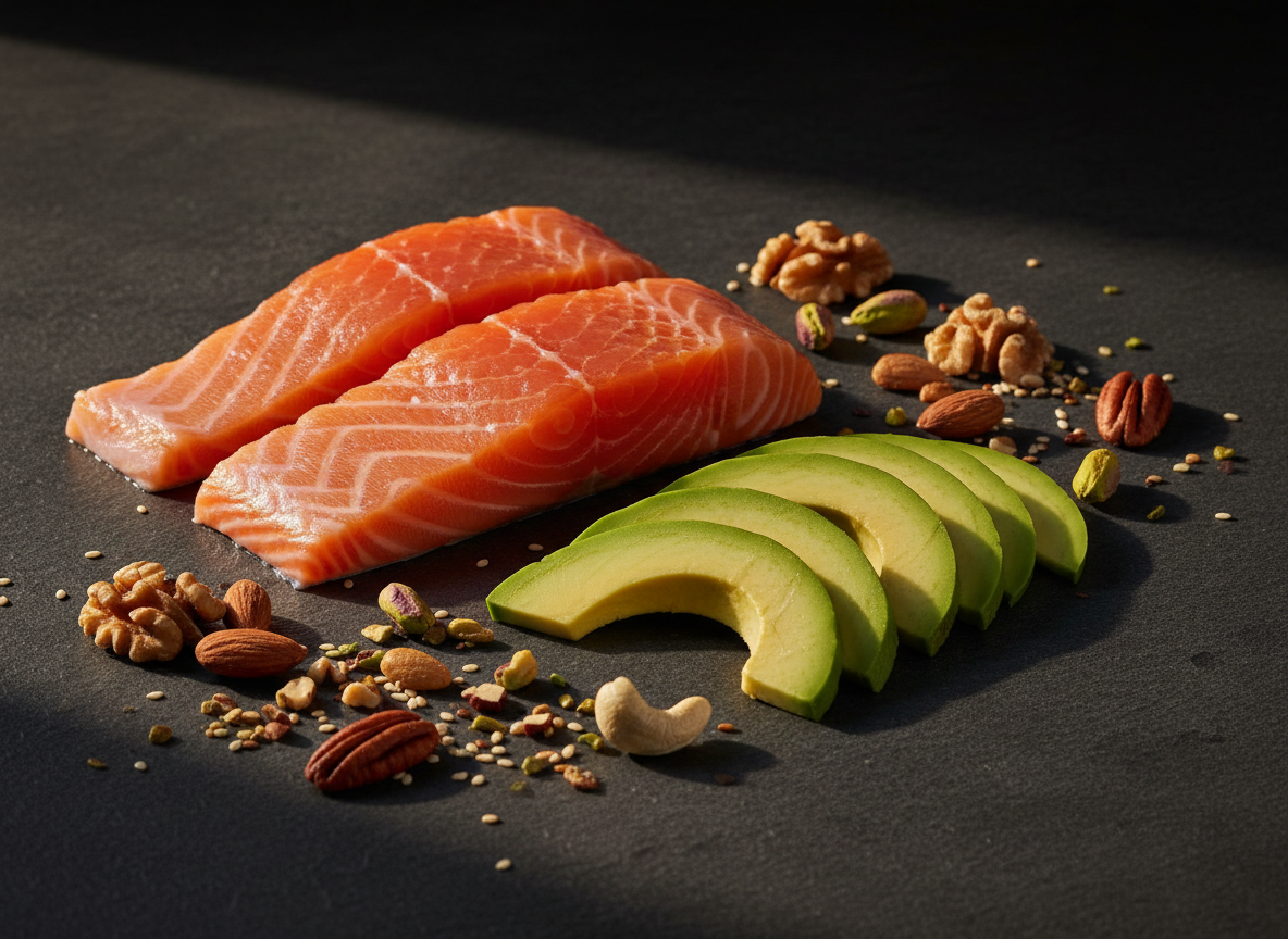 Two raw salmon fillets are artfully arranged on a dark, textured surface alongside sliced avocado and a variety of nuts including walnuts, almonds, pecans, pistachios, and cashews. The composition is enhanced by scattered sesame seeds, creating a visually appealing and healthy food presentation.