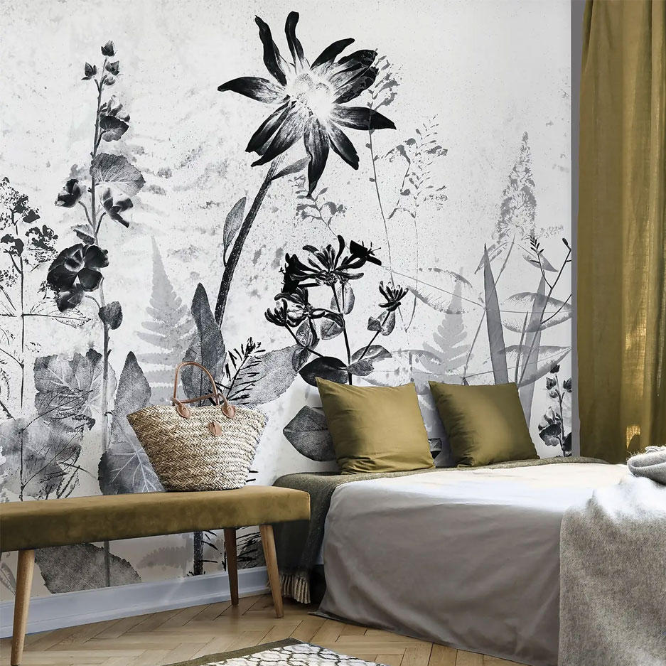 A black & white mural in a bedroom