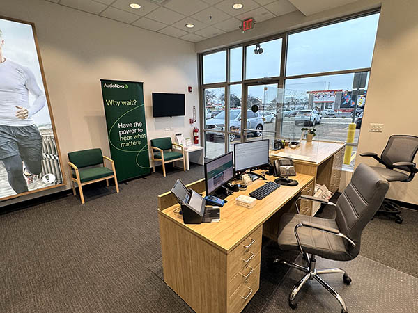 Interior photo of the lobby for AudioNova hearing clinic in Batavia, IL
