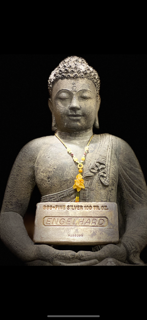 Buddha Statue Holding 100 oz Silver Engelhard Bar