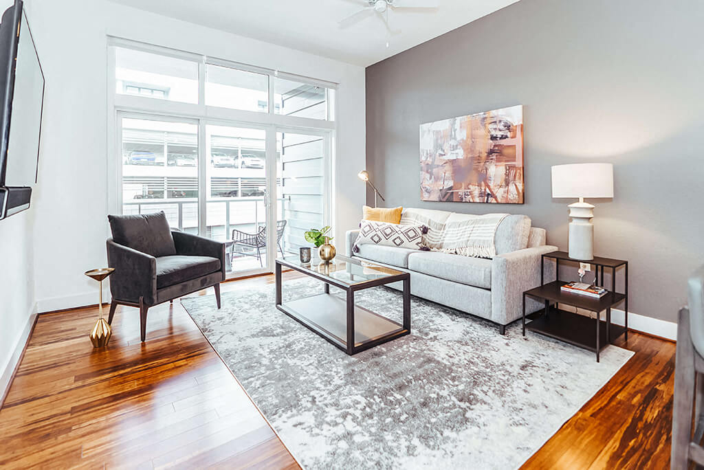 Living room with gray sofa and modern coffee table