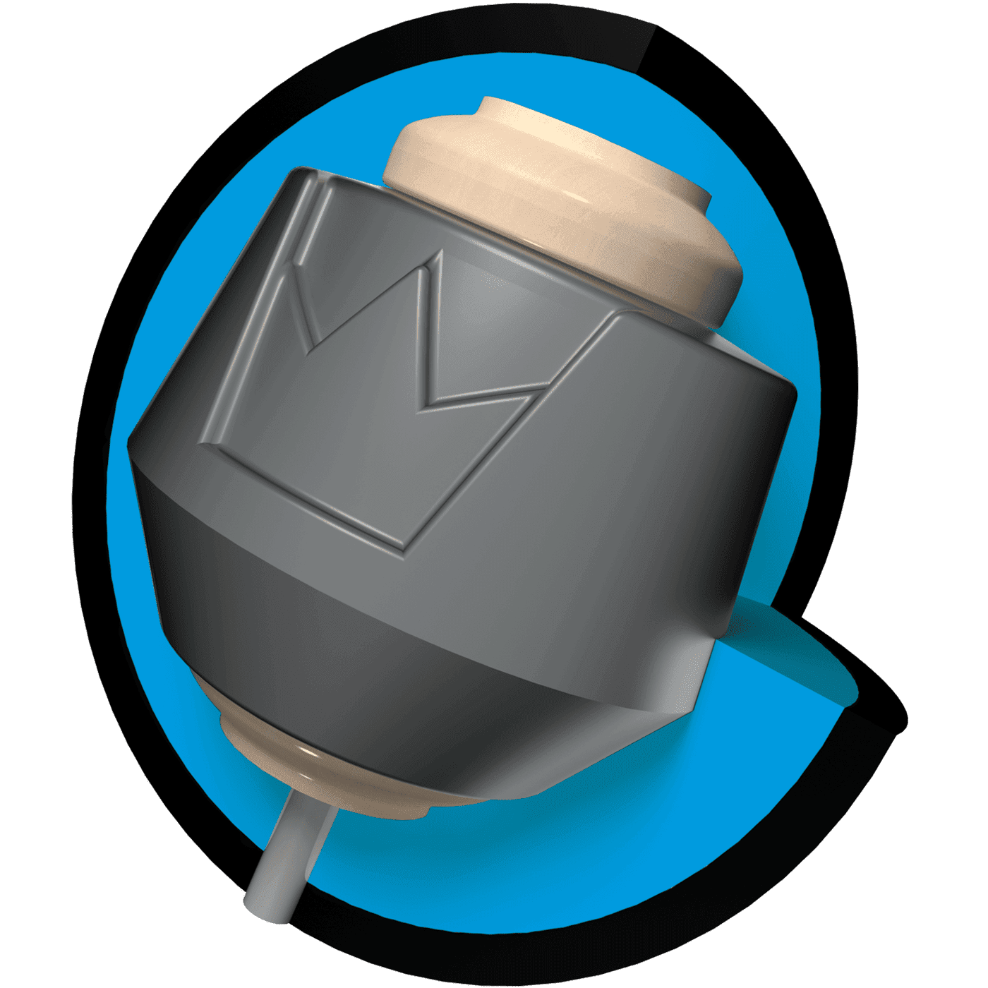 A 3D rendering of a bowling ball core with a distinctive 'M' shape etched into its surface. The core is predominantly dark gray with a lighter tan cap and a white pin extending from its base. It is set against a vibrant blue background outlined in black.