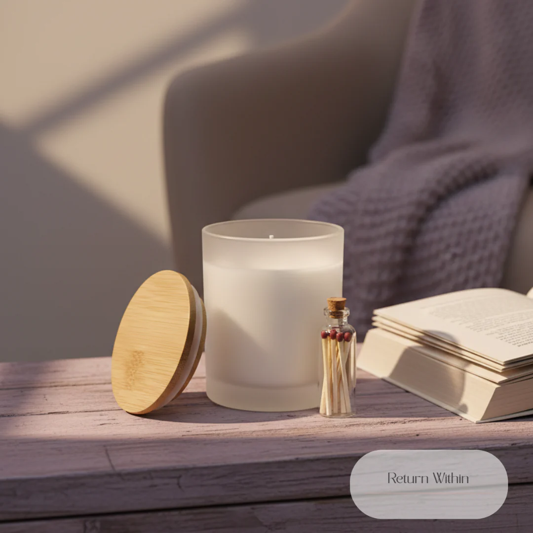A frosted glass candle with a bamboo lid sits on a wooden surface next to a small glass bottle filled with matches and an open book. A soft blanket is draped over a chair in the background, and sunlight casts shadows across the scene. A subtle text overlay reads 'Return Within'.