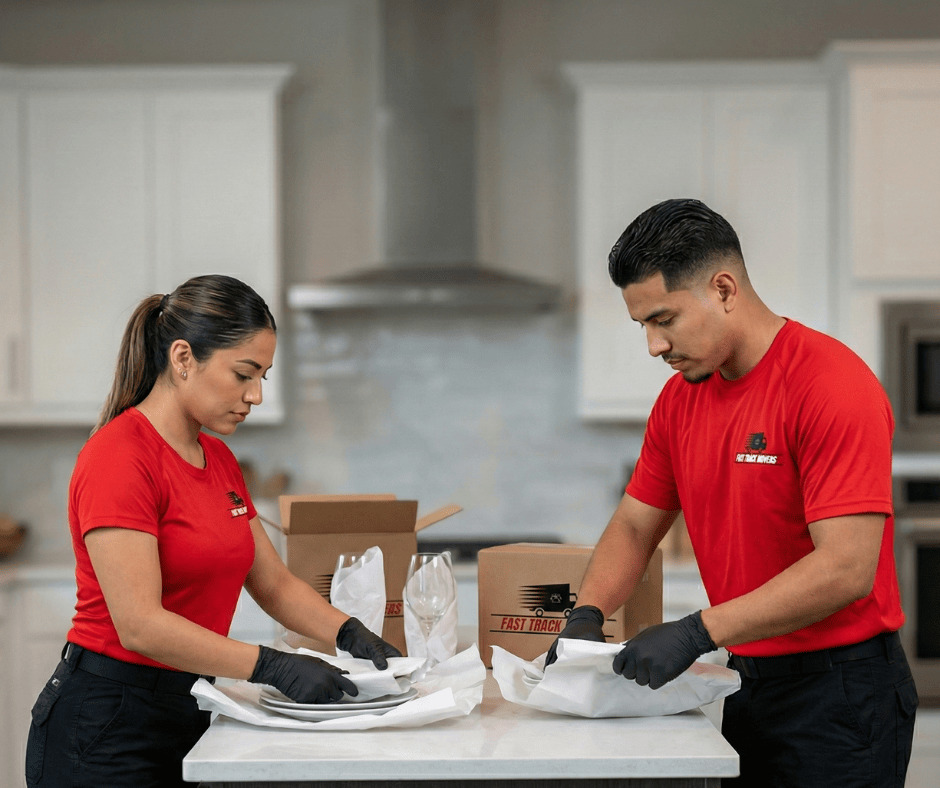 Professional movers carefully wrap fragile kitchen dishes and glassware using protective packing materials, ensuring belongings remain secure, organized, and protected throughout the residential moving and transportation process.