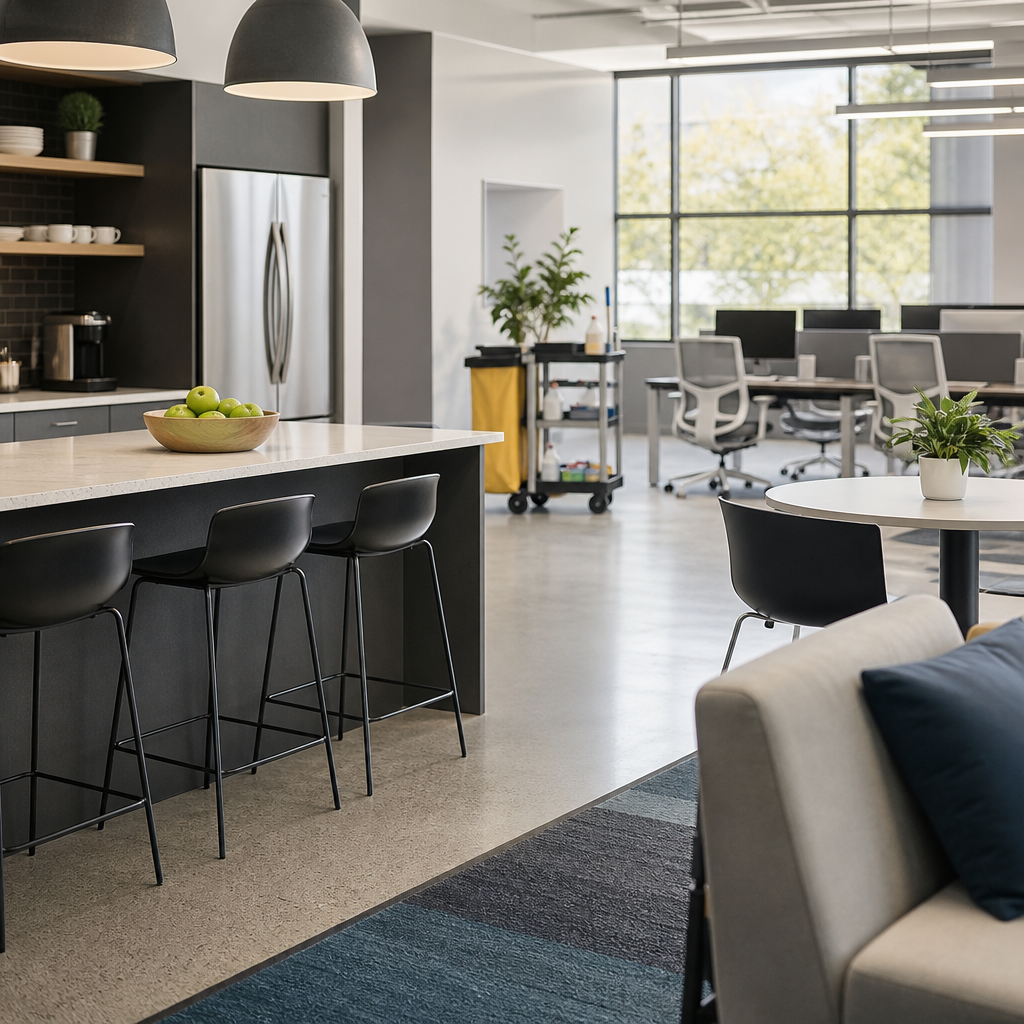 Freshly cleaned corporate breakroom and lounge — daily janitorial service keeps Bay Area workplace k 