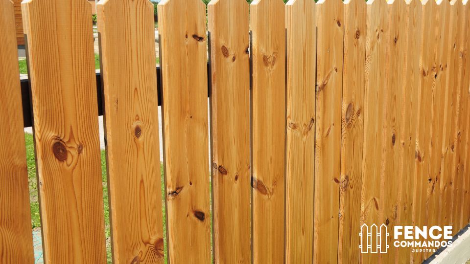 Detailed view of custom pressure-treated wood fence pickets fastened with rust-proof, galvanized nai 