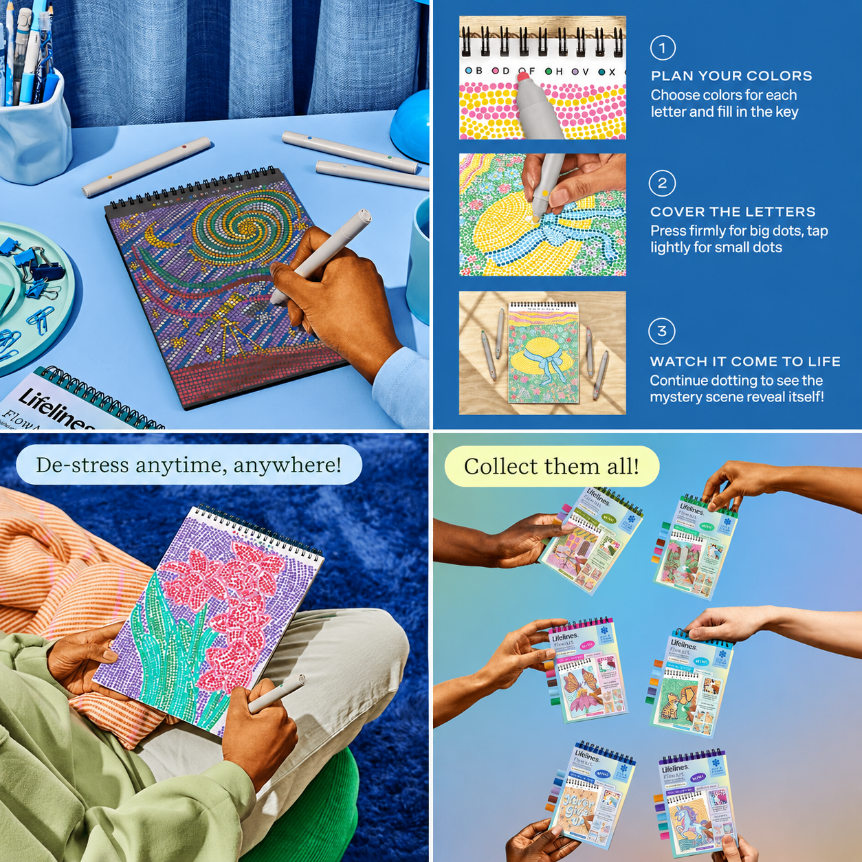 Discover Lifelines FlowArt dot marker activity books that combine creativity and relaxation. Enjoy guided dot art, colorful designs, and mindful activities perfect for kids, teens, and adults.