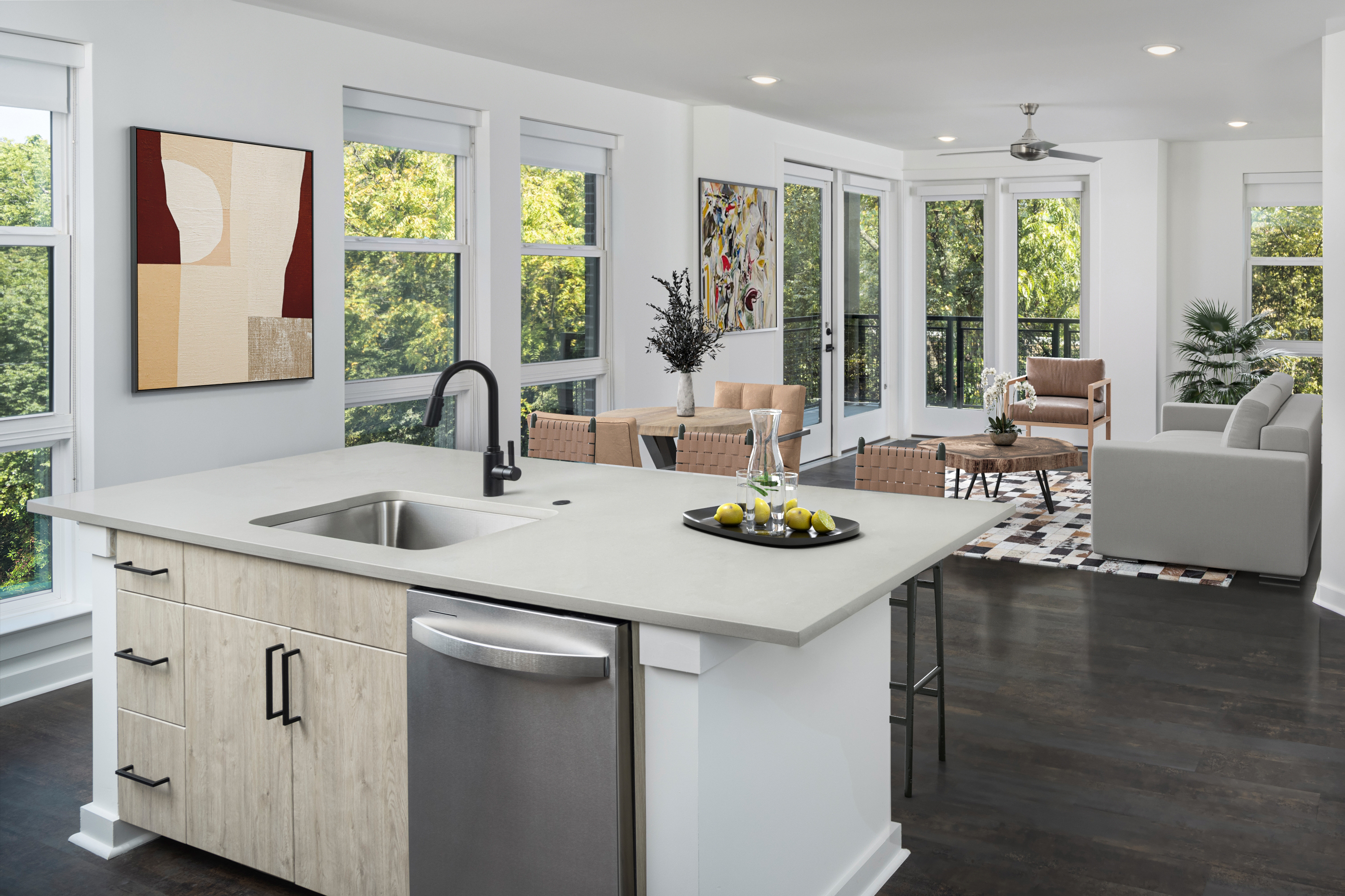 Natural modern kitchen overlooking living area at Camden Noda in Charlotte, NC