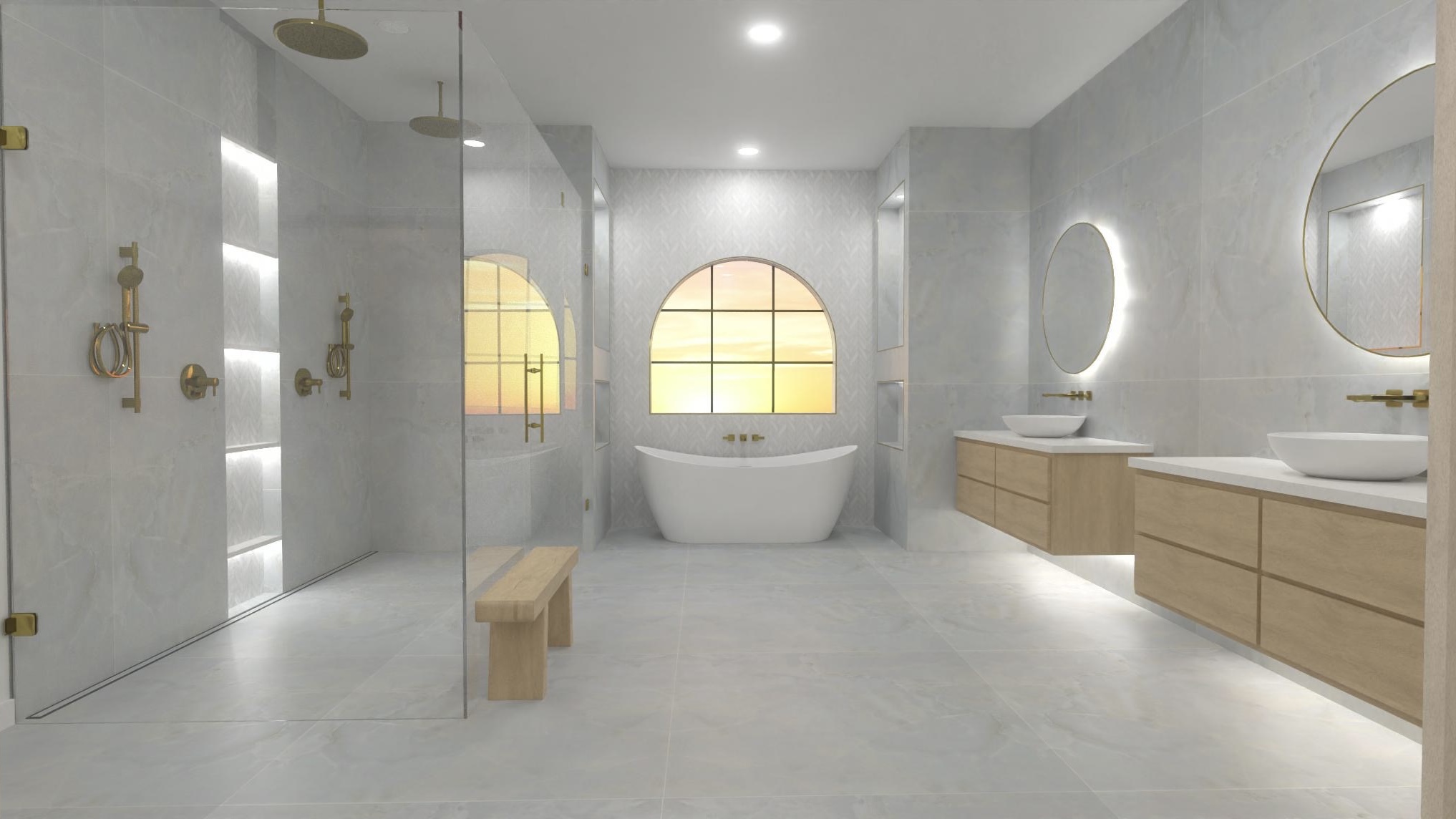 Create a relaxing oasis with a bathroom remodel by Ledezma Remodeling, featuring a spacious walk-in shower, freestanding soaking tub, and elegant gold fixtures. Floating vanities and an arched window add a modern, spa-like touch to your home.