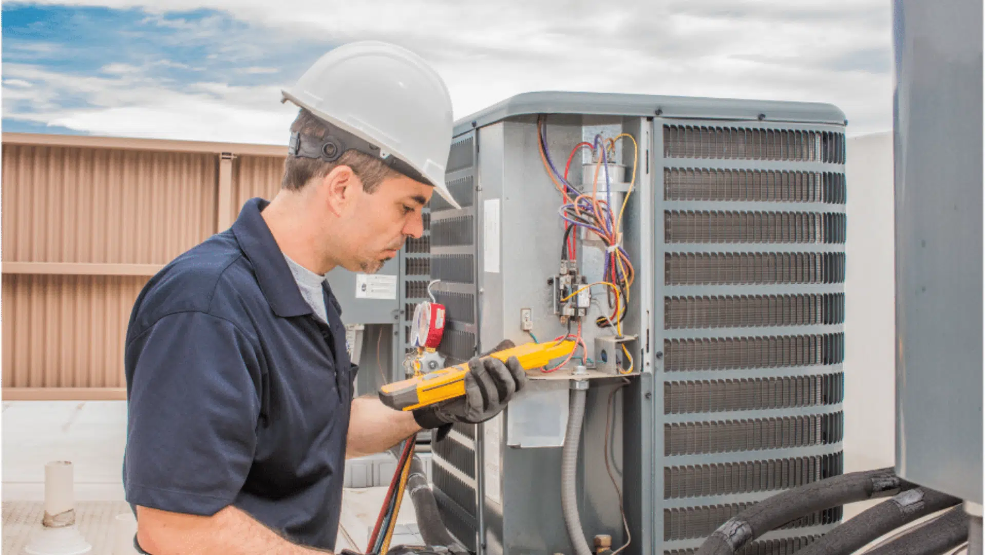Professional HVAC technicians performing detailed diagnostics and emergency repair on a residential air conditioning unit. Our certified team delivers reliable heating and cooling solutions, ensuring your HVAC system operates efficiently, safely, and comfortably in every season.