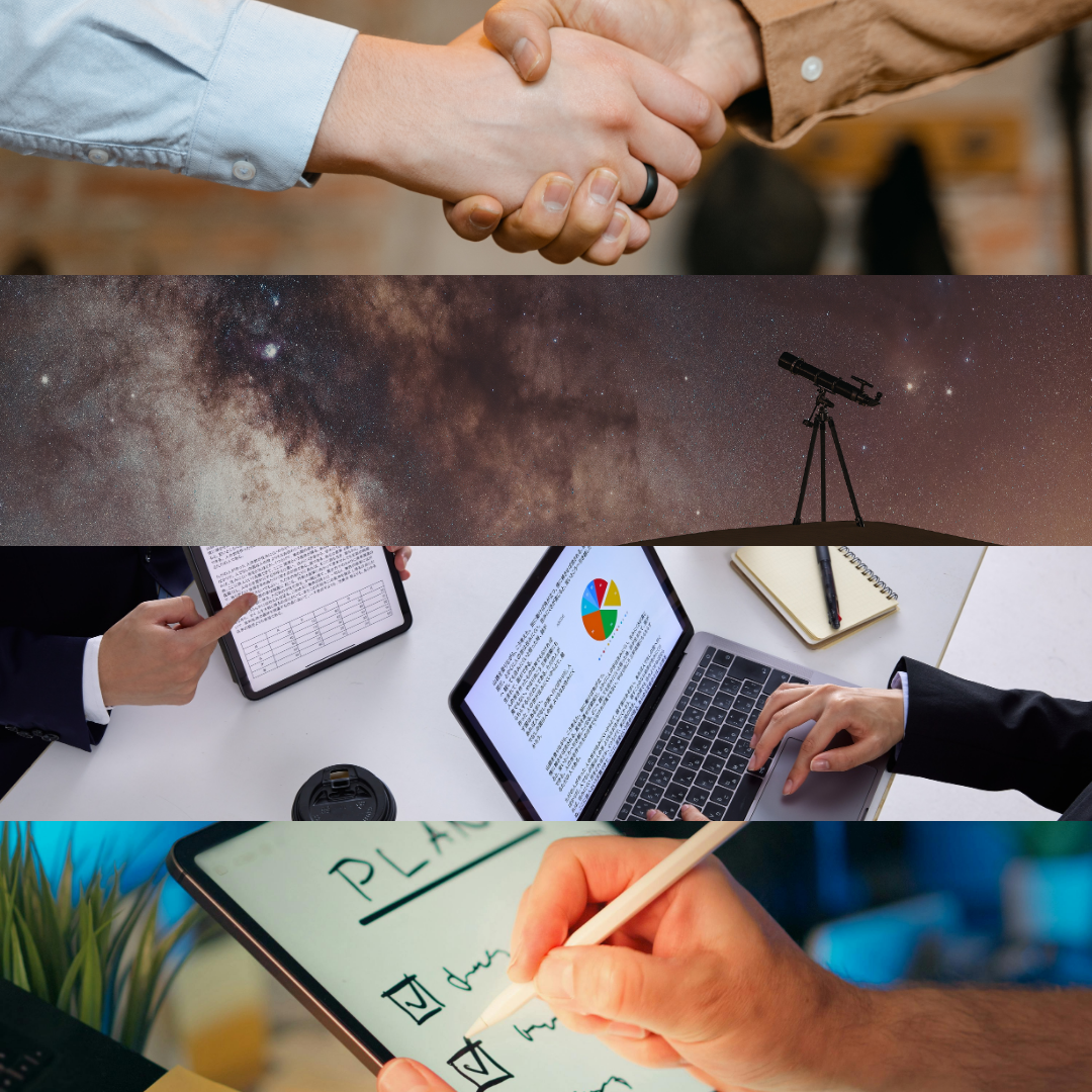 The image displays four distinct, horizontal panels representing the core pillars of Mauricio's client onboarding setup