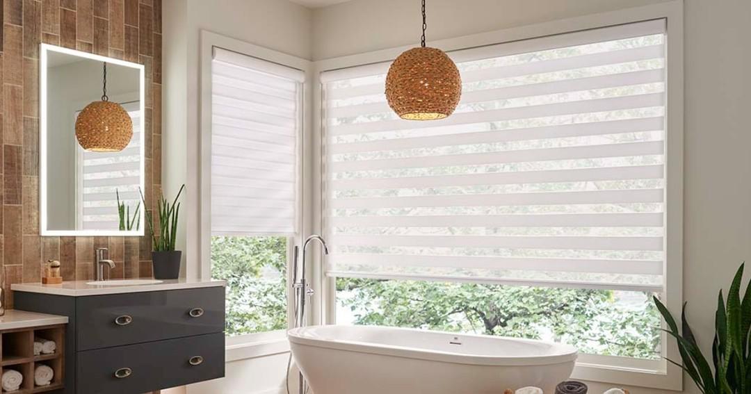 Dual Shades offer a blend of either translucent or light-dimming fabric with a sheer fabric all in one shade. Plus, the shade disappears inside the headrail when raised, so you can enjoy unobstructed views with ease.