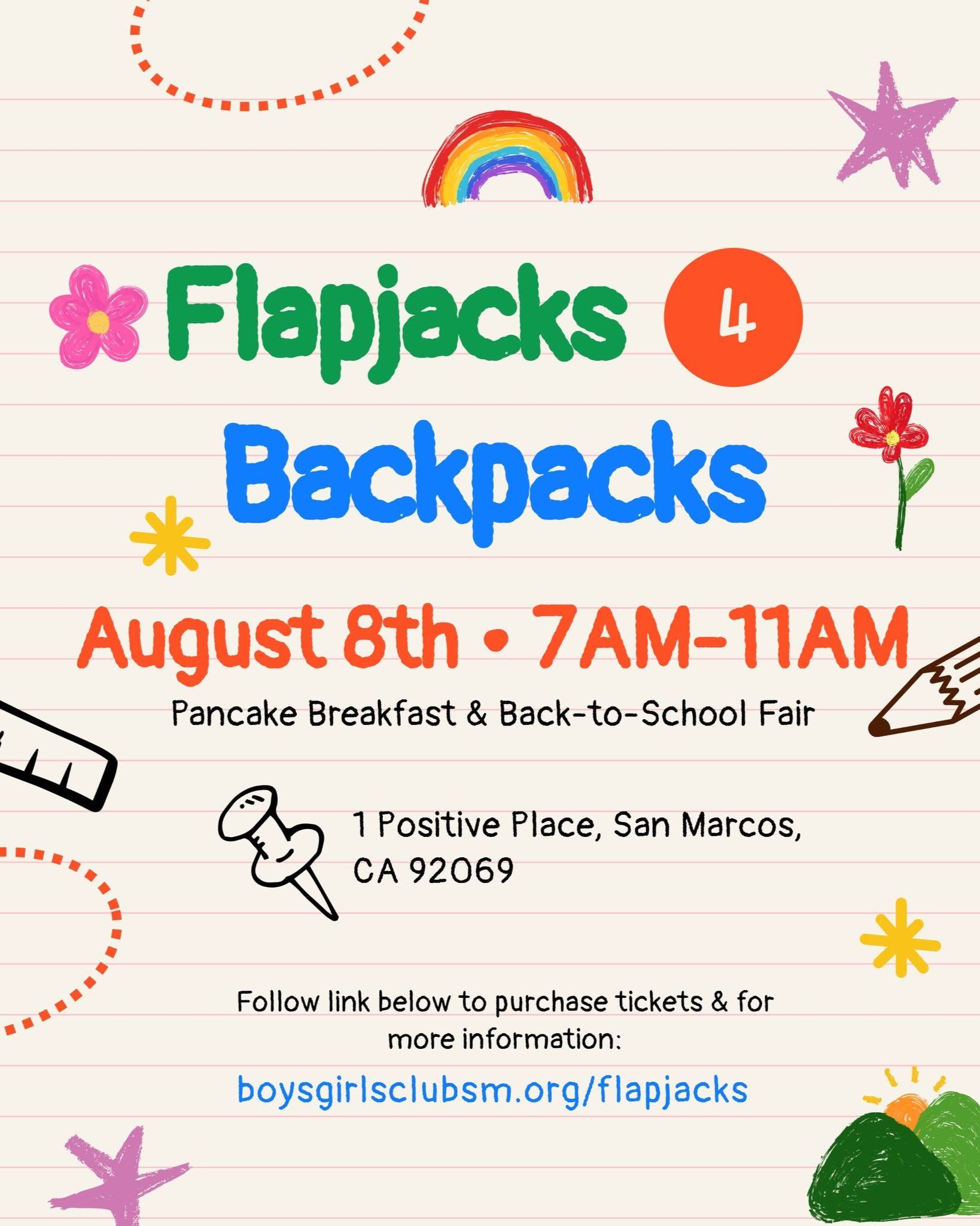 Join our team in supporting the Boys & Girls Club of San Marcos at their Flapjacks for Backpacks event for families & students entering TK through 12th grade!