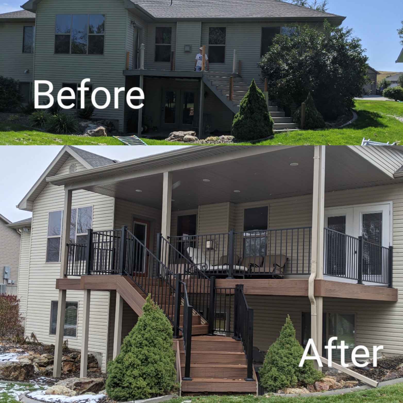 See the incredible transformation with this before-and-after project by DeckPro LLC. We completely revitalized this home's outdoor space by replacing the old structure with a stunning, low-maintenance brown composite deck. The addition of a new patio cover and sleek black railing creates a functional, all-weather retreat.