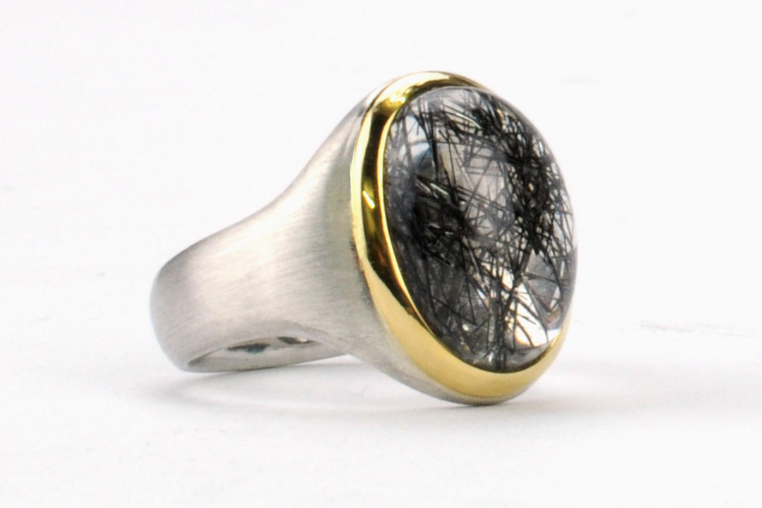 Ring 925/- Silber/ 750/- Gelbgold mit Rutilquarz Siegelringform