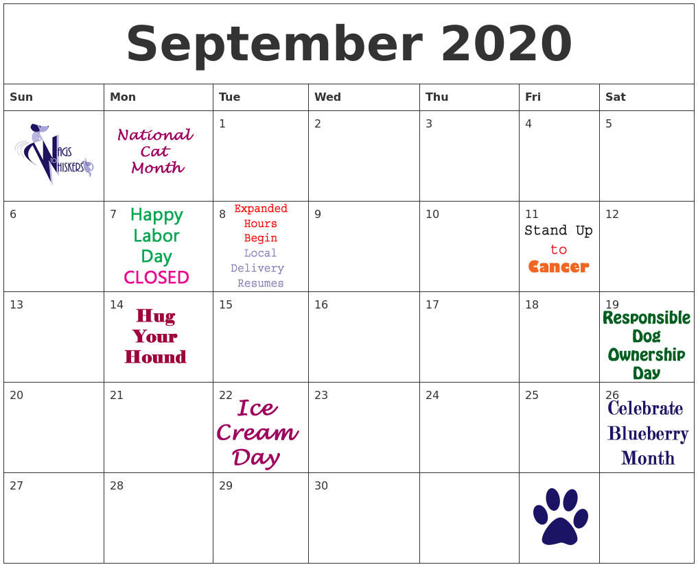 Image of Local Pet Event Wags to Whiskers Sept 2020 Calendar of Events/Specials Nearby