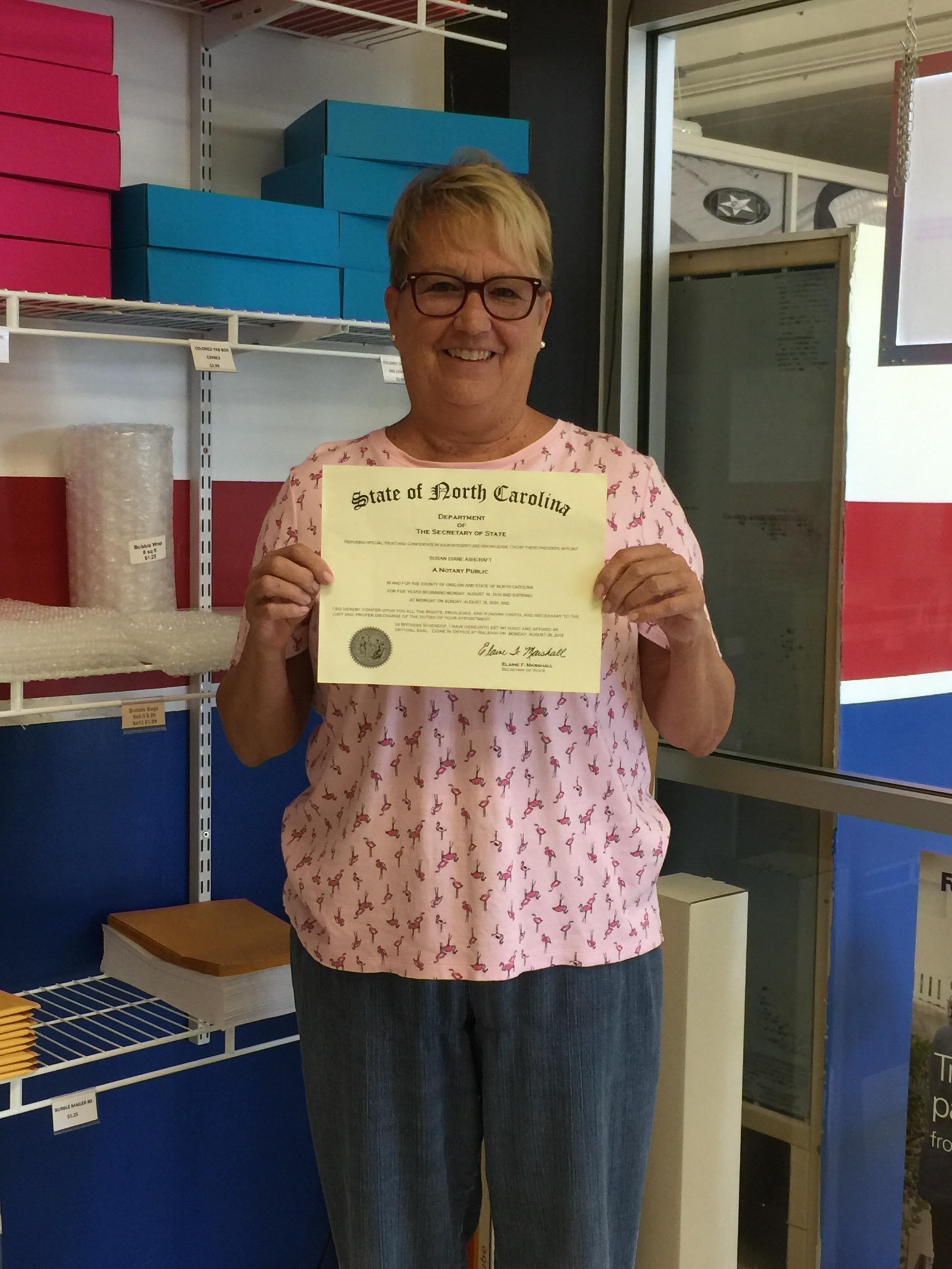 Congratulations to our newest notary Diane! She passed her state exam and is now a licensed notary for North Carolina. Stop by Goin’ Postal of Camp Lejeune to tell her job well done. While there, remember we can handle all your mailing and shipping needs with any carrier- UPS, FedEx, USPS, DHL.