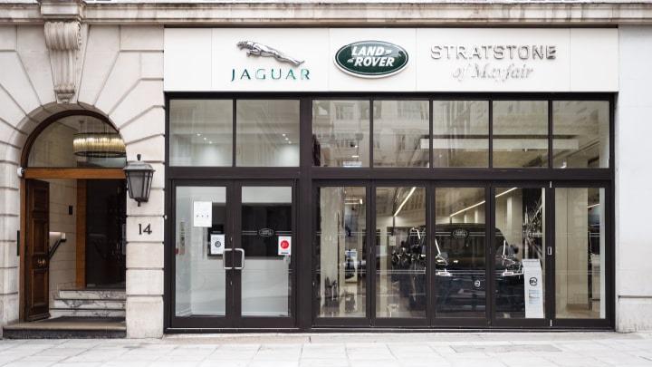 Outside Jaguar Land Rover Mayfair Stratstone Jaguar Mayfair London 020 7629 4404