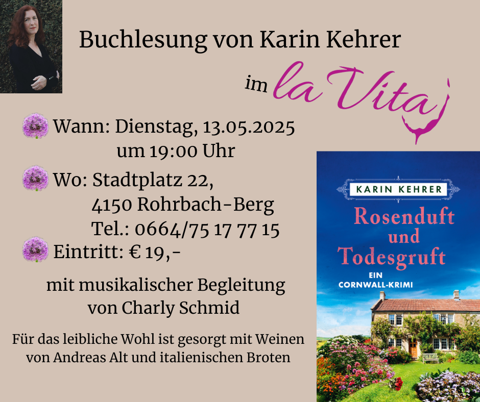 Bild zu Wir laden euch herzlich zur Buchlesung von Karin Kehrer im Caffè La Vita am Stadtplatz 22, 4150 Rohrbach-Berg, ein. 