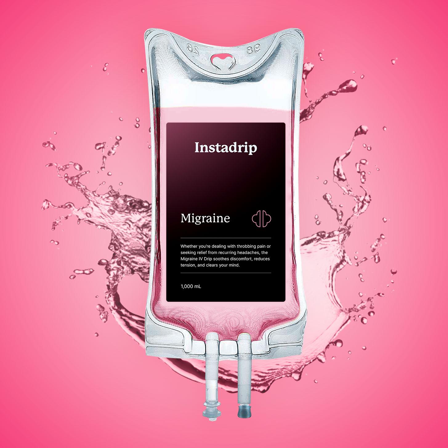 Instadrip Migraine IV therapy bag with hydration and pain relief ingredients.