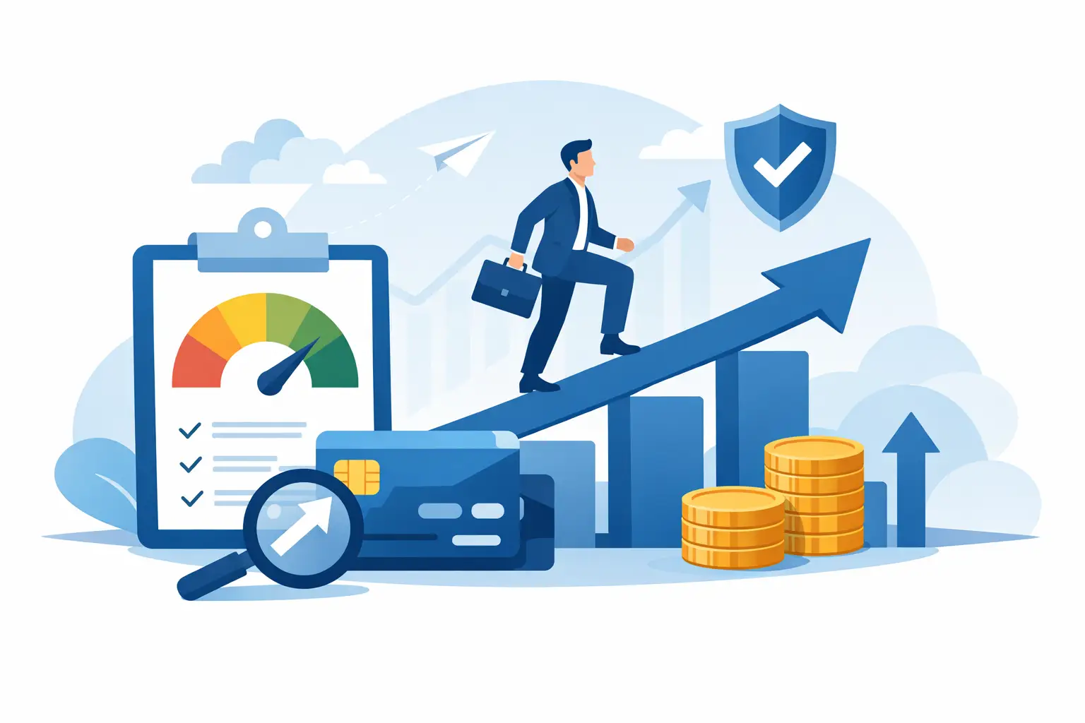 An illustration depicting a businessman climbing a rising arrow graph, symbolizing progress and success. In the foreground, credit cards, a magnifying glass, a clipboard with a credit score gauge and checklist, stacks of coins, and a shield with a checkmark suggest financial concepts like credit scores, security, and wealth accumulation. The background features bar graphs, clouds, and a paper airplane, reinforcing themes of growth, financial planning, and ambition.