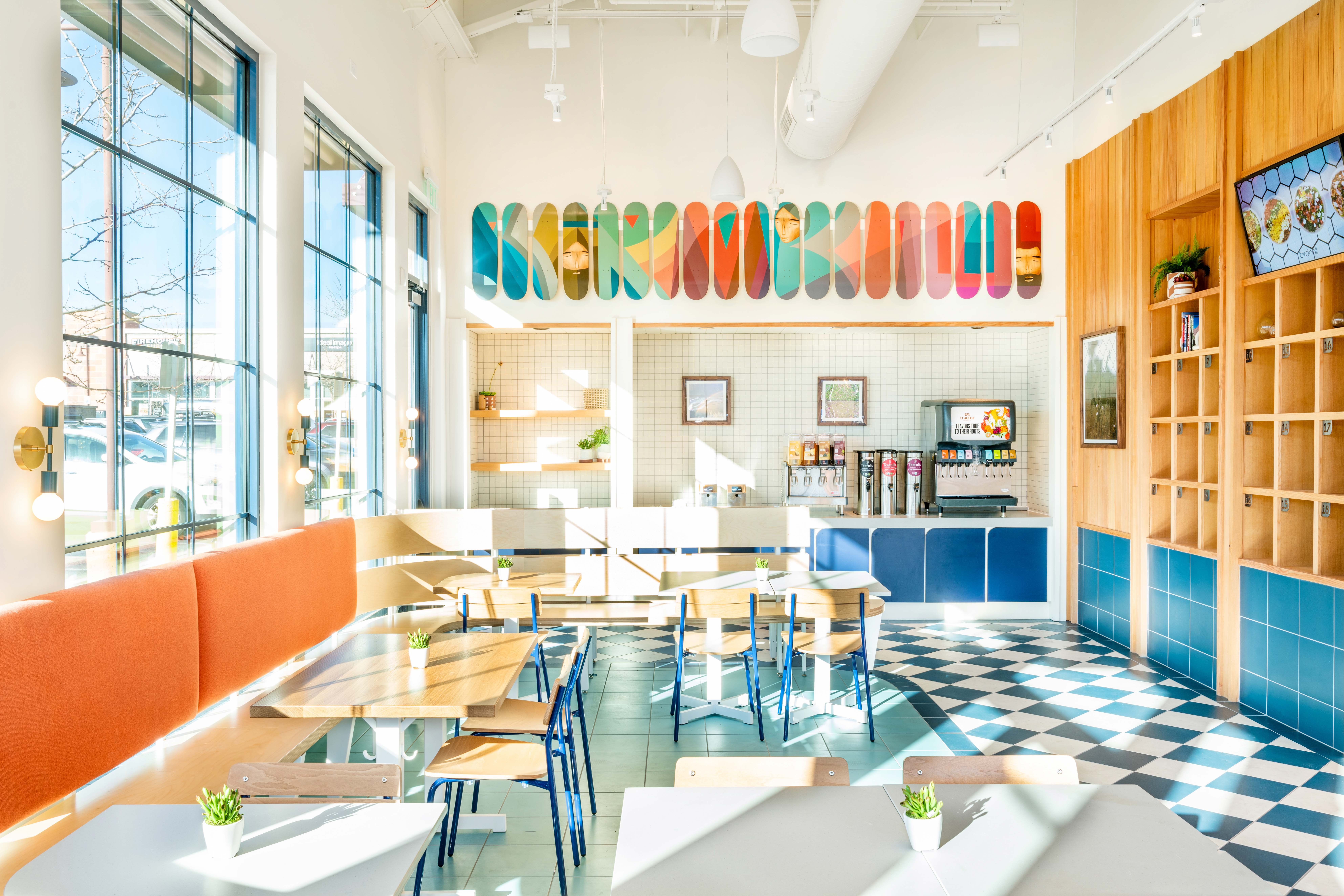 Interior of Birdcall Boulder, showing off the drink station and bay pick up wall.