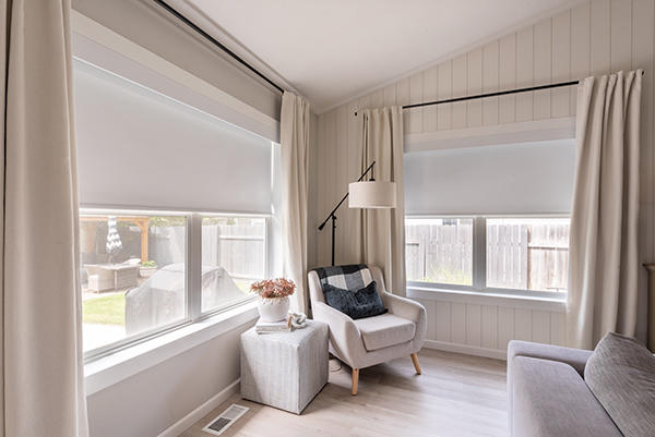 Roller Shades with drapes Budget Blinds of Port Perry Blackstock (905)213-2583