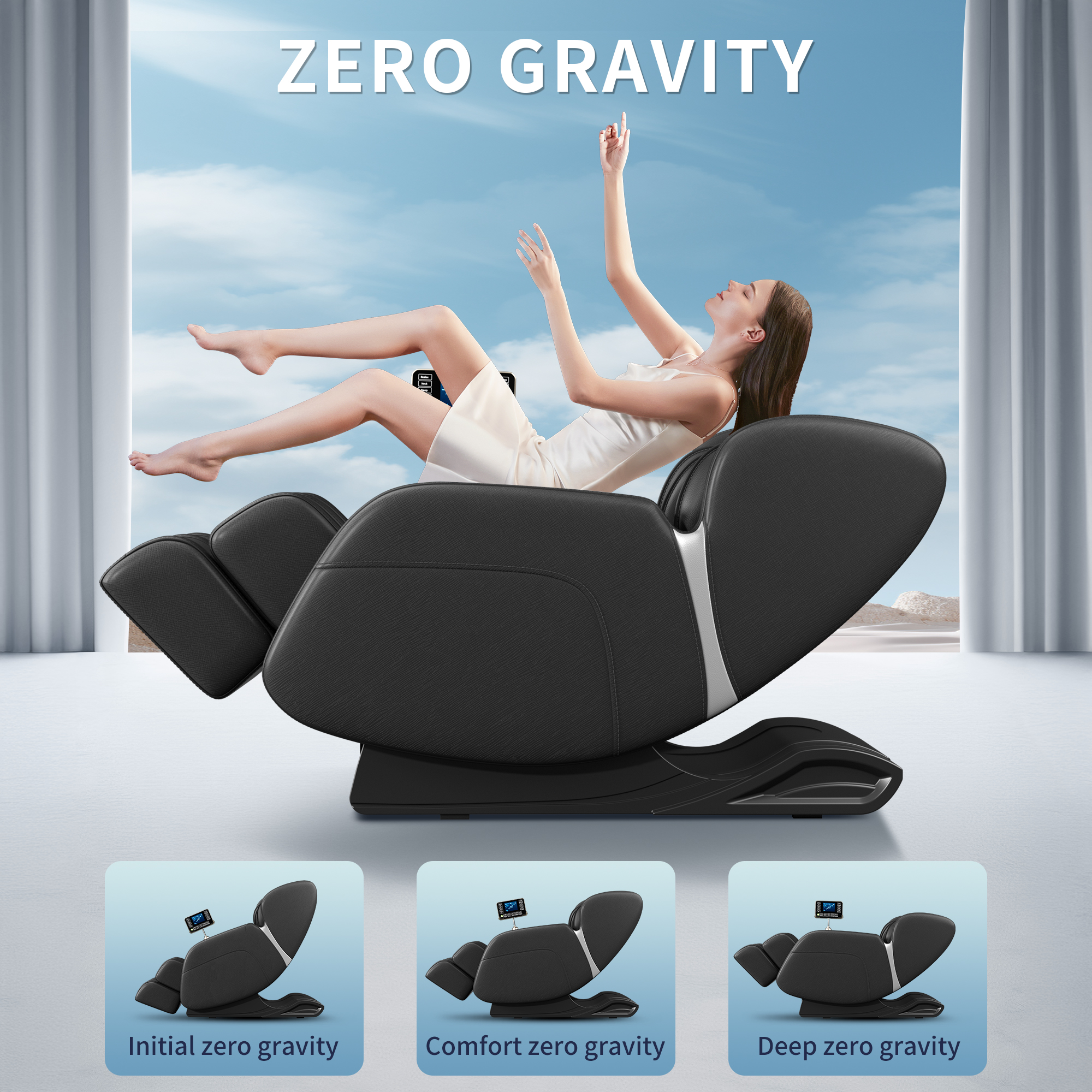 A woman in a white dress reclines in a black massage chair, appearing to float in a serene sky setting. The chair is depicted in three different "zero gravity" positions: initial, comfort, and deep. The text "ZERO GRAVITY" is prominently displayed at the top of the image. The overall aesthetic is clean, modern, and promotes relaxation.