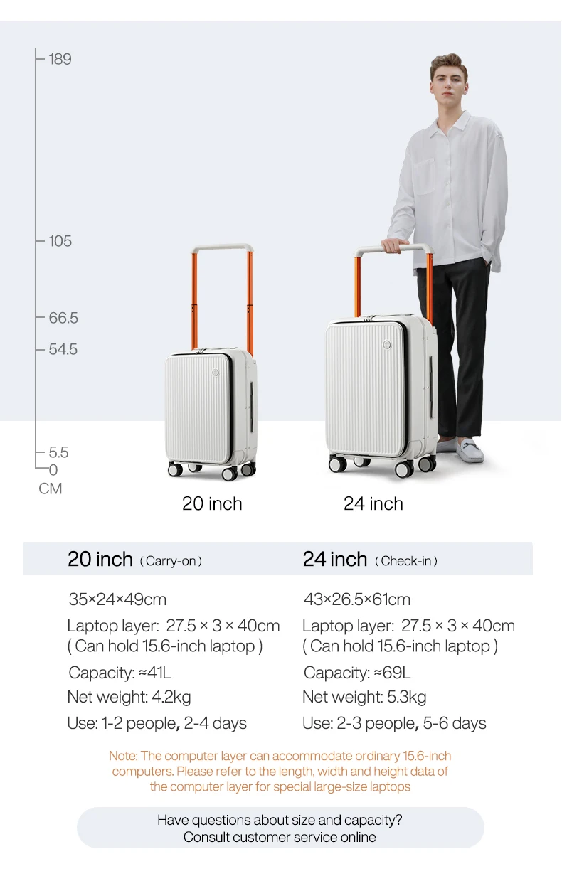 An advertisement for luggage featuring two suitcase sizes with dimensions and specifications. The image includes a model standing next to the luggage, showcasing its design and features.