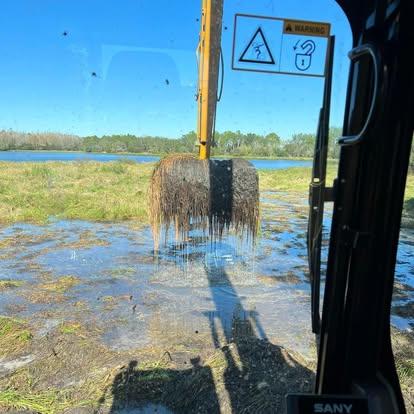 View from inside an excavator cab lifting a heavy clump of wet roots and muck from a swampy area.
