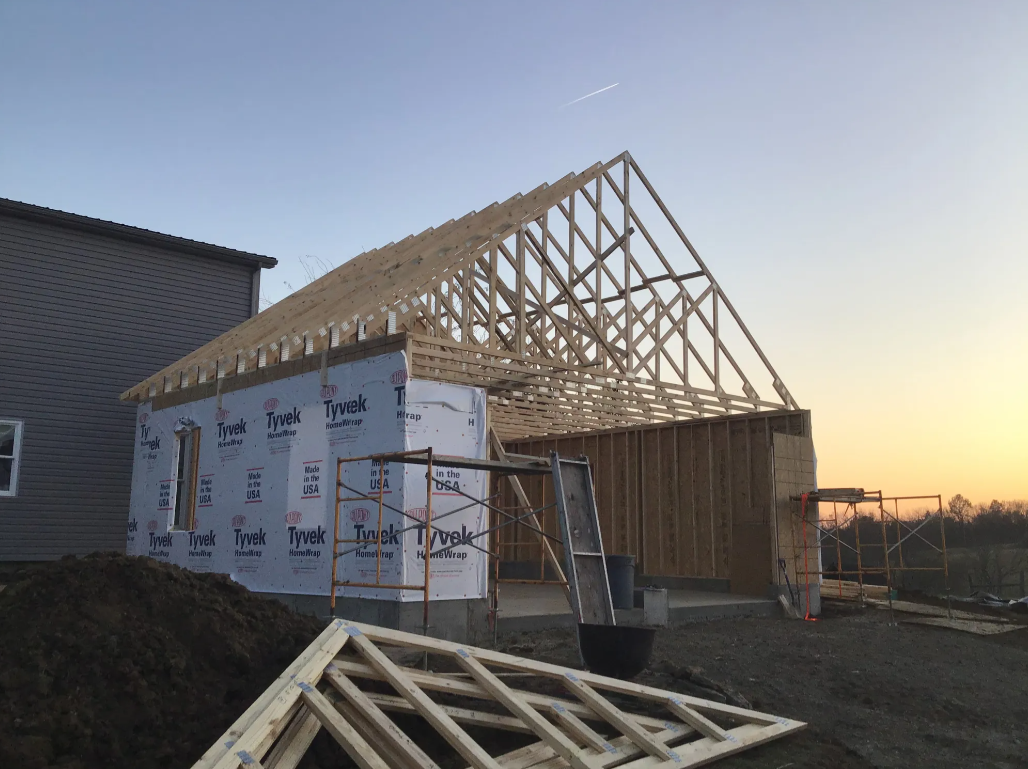 When we build a garage, it's stick-built. That means it's built on site, using lumber, nails, know-h 