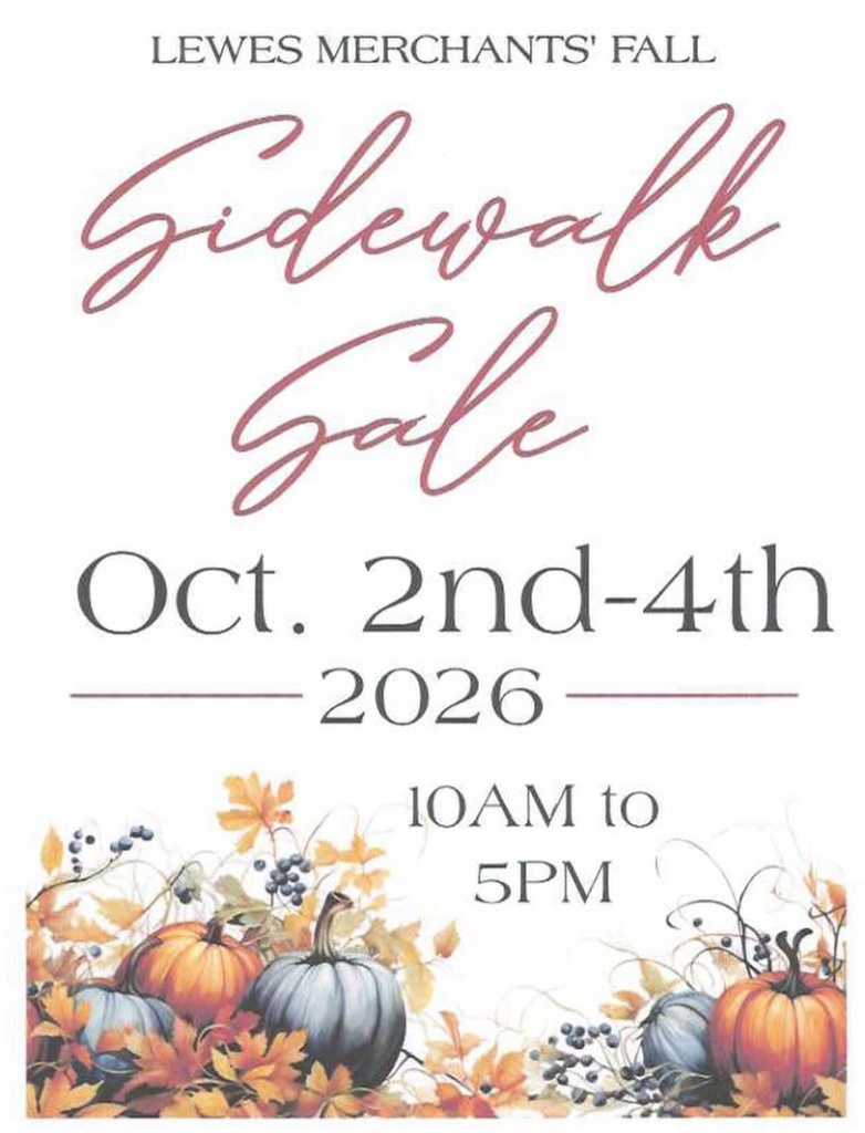 A promotional event flyer for the Lewes Merchants' Fall Sidewalk Sale happening October 2nd-4th, 2026, featuring autumn pumpkins, fall leaves, and event hours from 10AM to 5PM