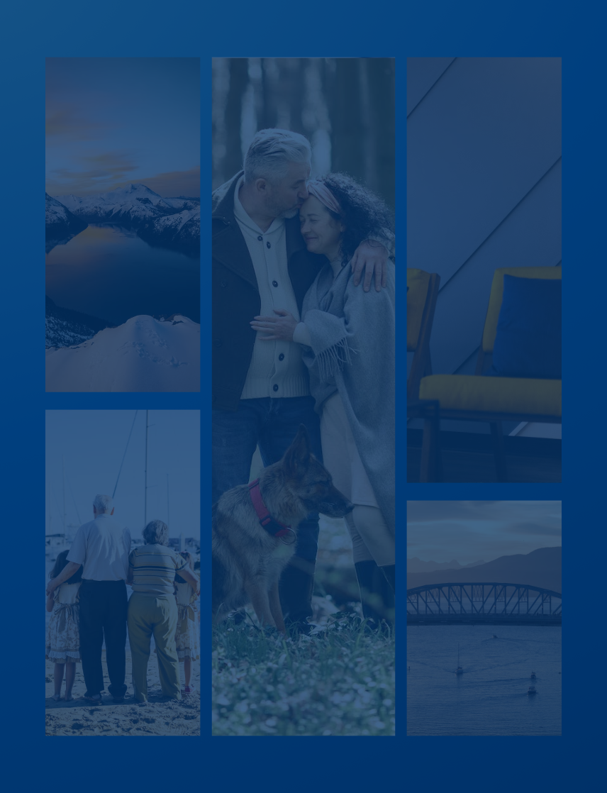 Collage of photos including a couple embracing in the forest, a stunning snow-capped mountain range and alpine lake, the sun setting over a bridge, a family standing on the beach, and a clocktower.