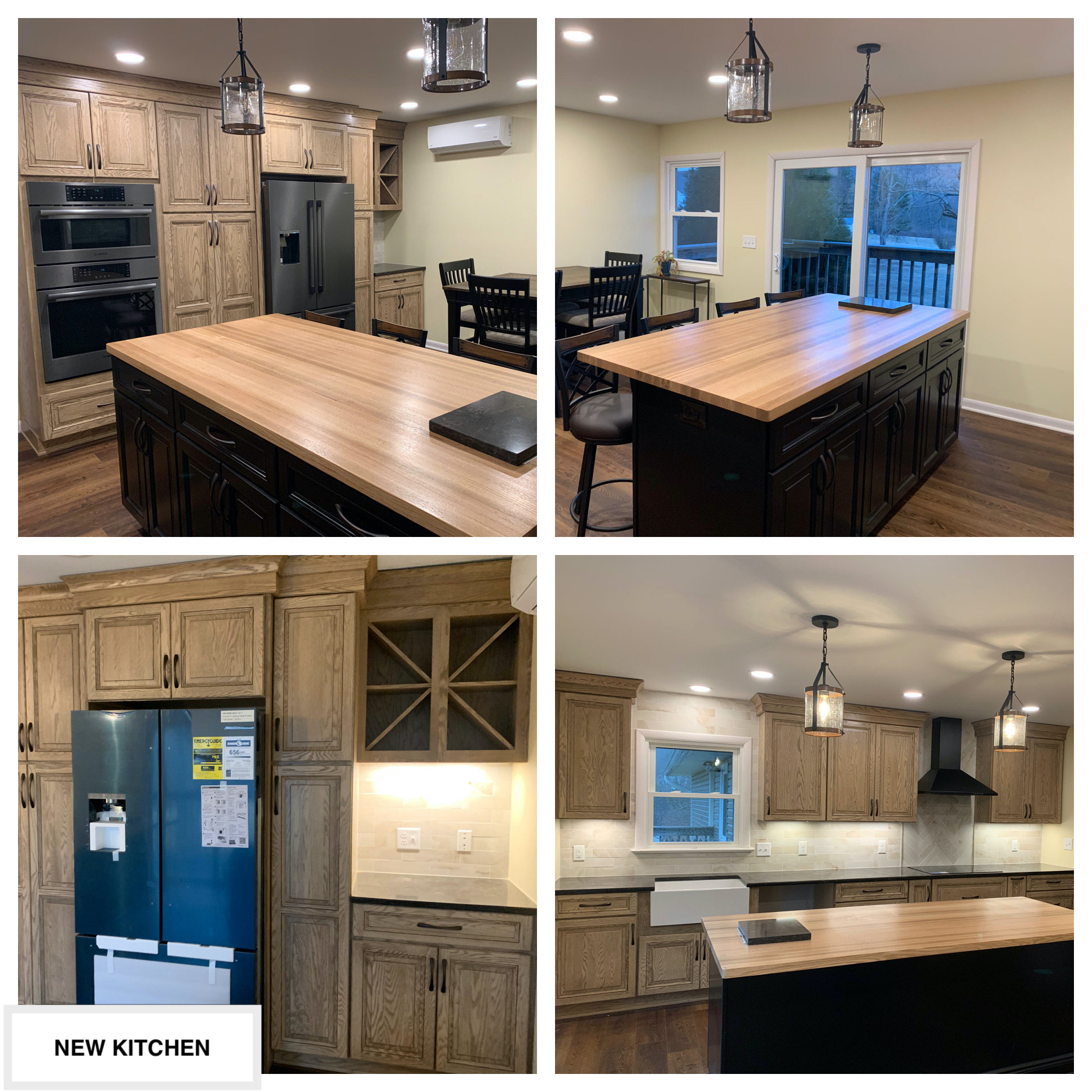 Completed Job in Ogdensburg, NJ. This kitchen was demoed down to the studs, the entrance door & picture window was removed and replaced with a new Simonton 5500 Sliding Glass Door & Simonton 5500 Series Window. All cabinets, countertops, backsplash tile, flooring, fixtures, and appliances were repla