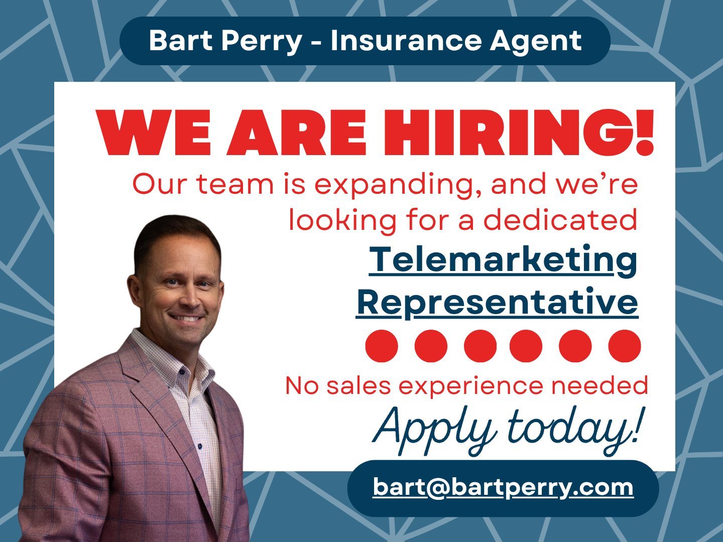 We&rsquo;re hiring a Telemarketing Representative to join our AMAZING team! This role is focused on outbound calls, so CONFIDENCE on the phone is key. Sales experience is a plus, but not required. Interested candidates can send their information directly via email only to get started.