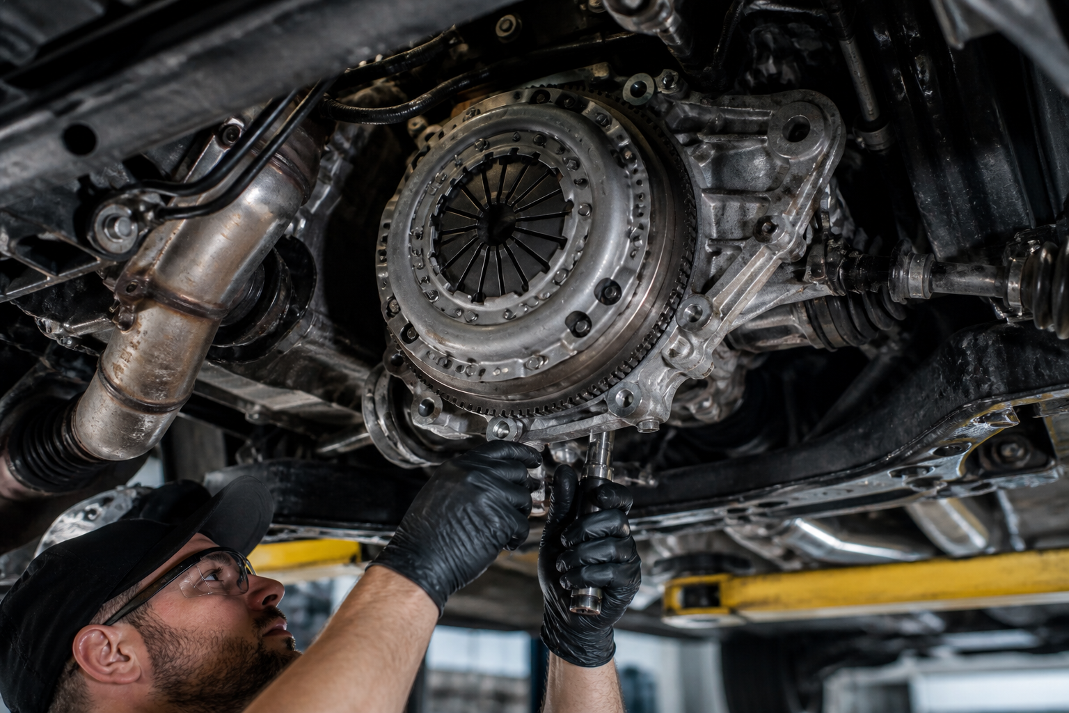 Professional mechanic repairing a vehicle transmission assembly from underneath. Precision work on drivetrain components restores shifting performance, improves reliability, and supports safe, efficient vehicle operation.